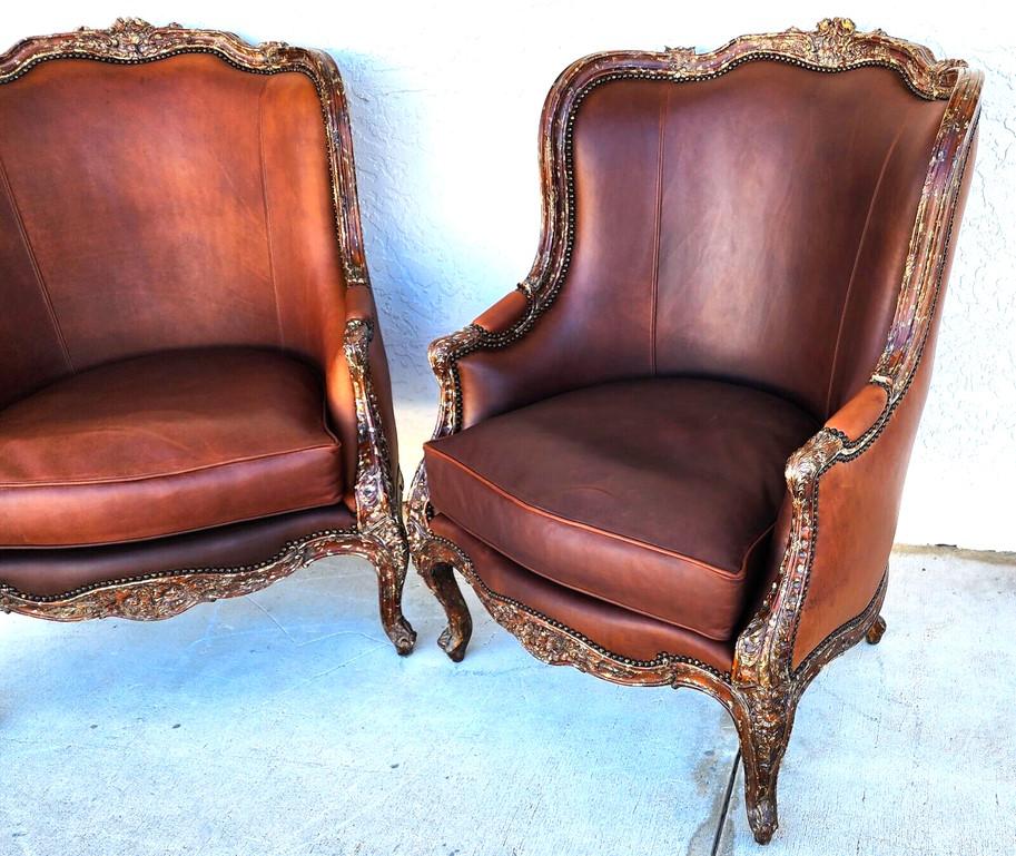 For full item description click on continue reading at the bottom of this page.

Offering one of our recent palm beach estate fine furniture acquisitions of a 
Pair of French Louis XV Leather Library Armchairs by Theodore Alexander
Spectacular
