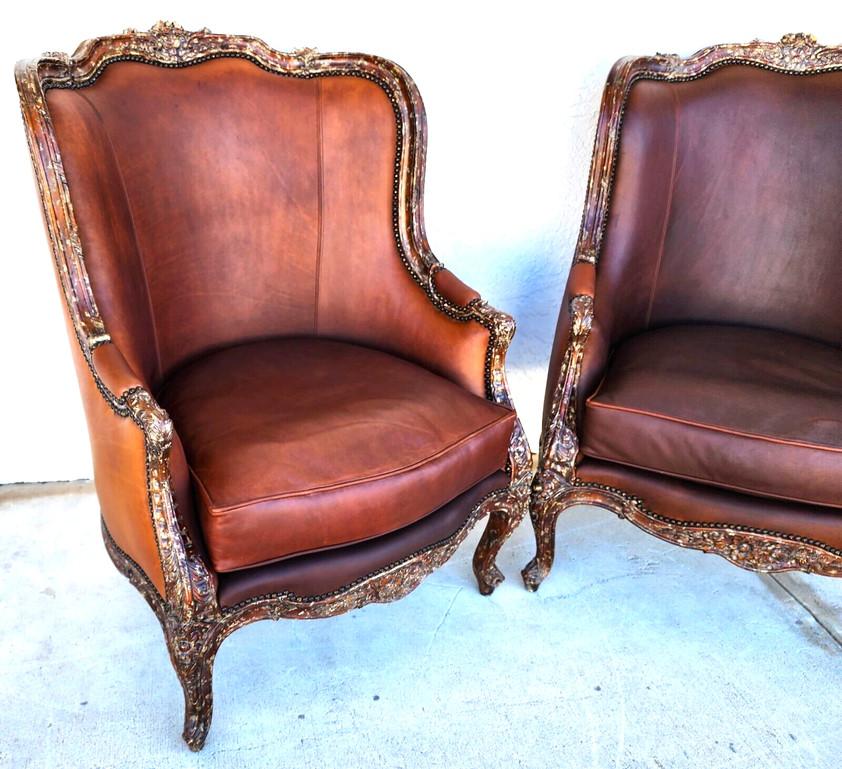 French Louis XV Leather Library Armchairs by Theodore Alexander In Good Condition For Sale In Lake Worth, FL