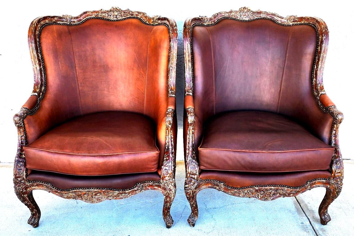 Late 20th Century French Louis XV Leather Library Armchairs by Theodore Alexander For Sale