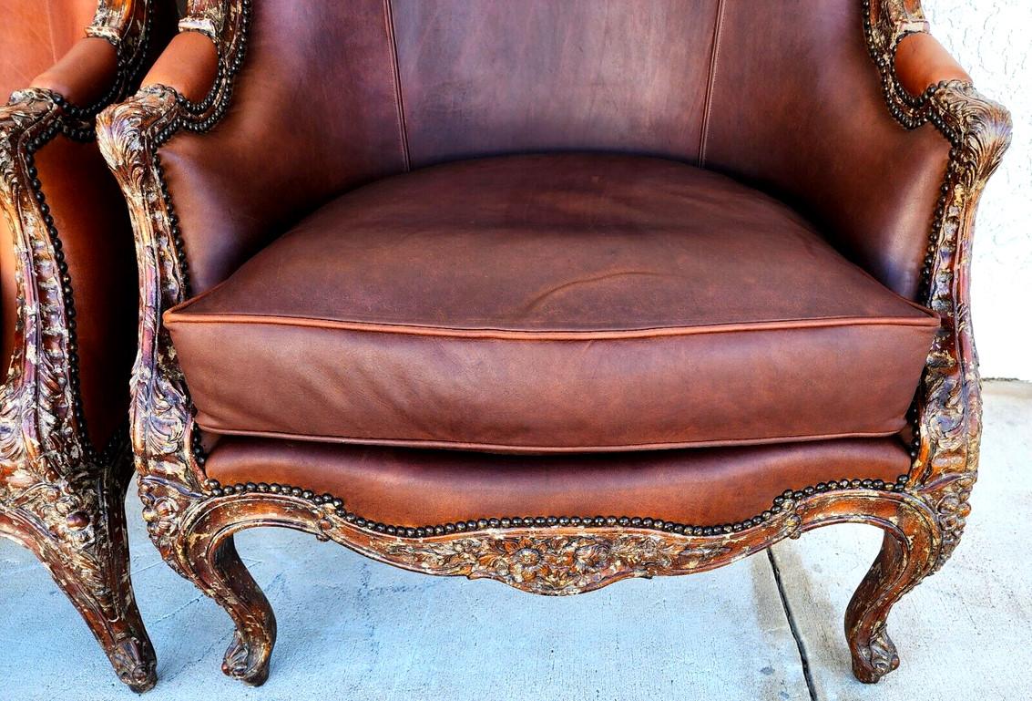 French Louis XV Leather Library Armchairs by Theodore Alexander For Sale 2