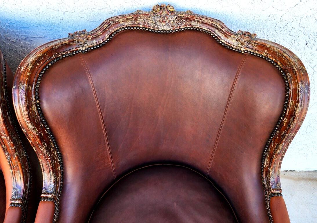 French Louis XV Leather Library Armchairs by Theodore Alexander For Sale 4