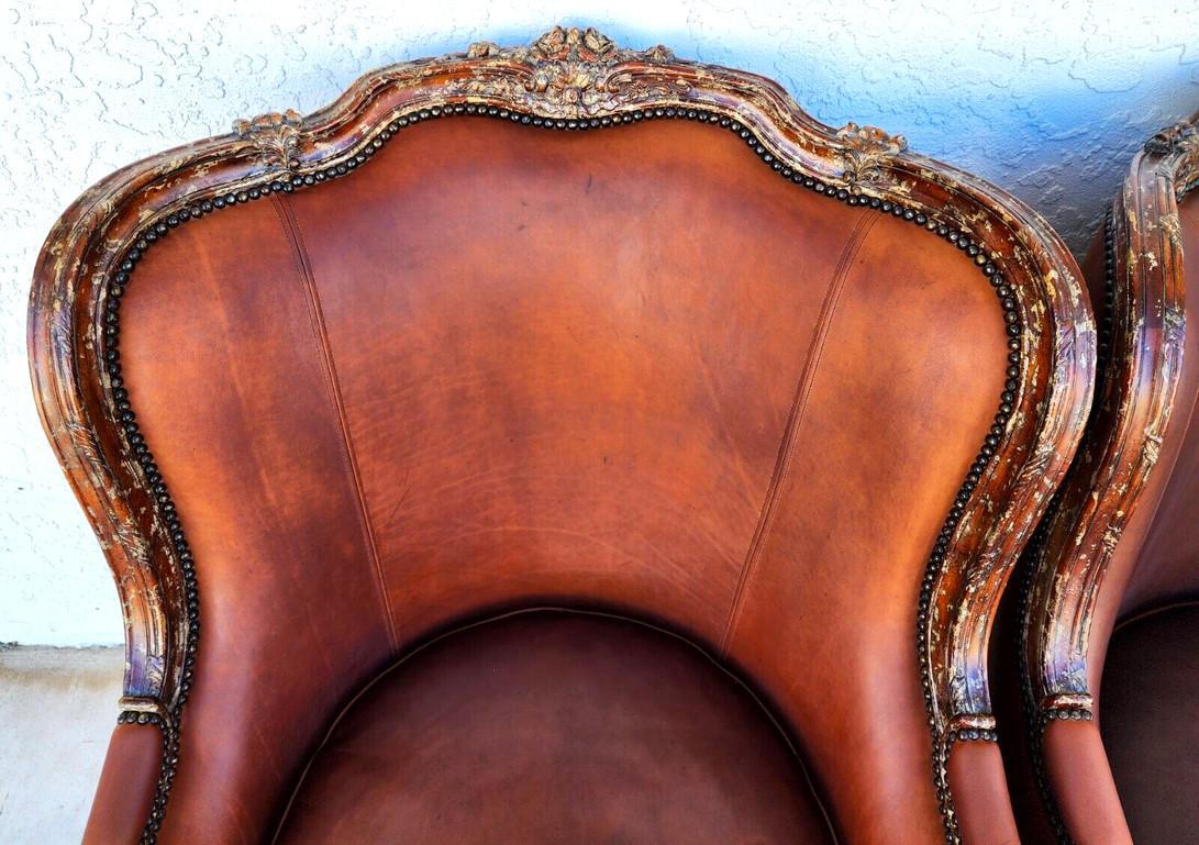 French Louis XV Leather Library Armchairs by Theodore Alexander For Sale 5