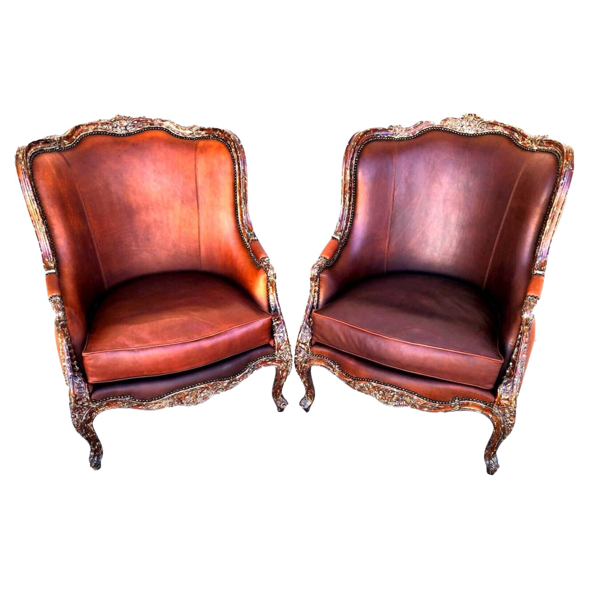 French Louis XV Leather Library Armchairs by Theodore Alexander For Sale
