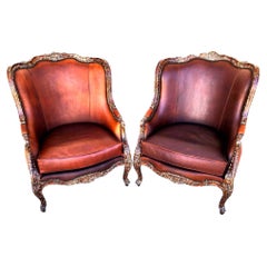 French Louis XV Leather Library Armchairs by Theodore Alexander