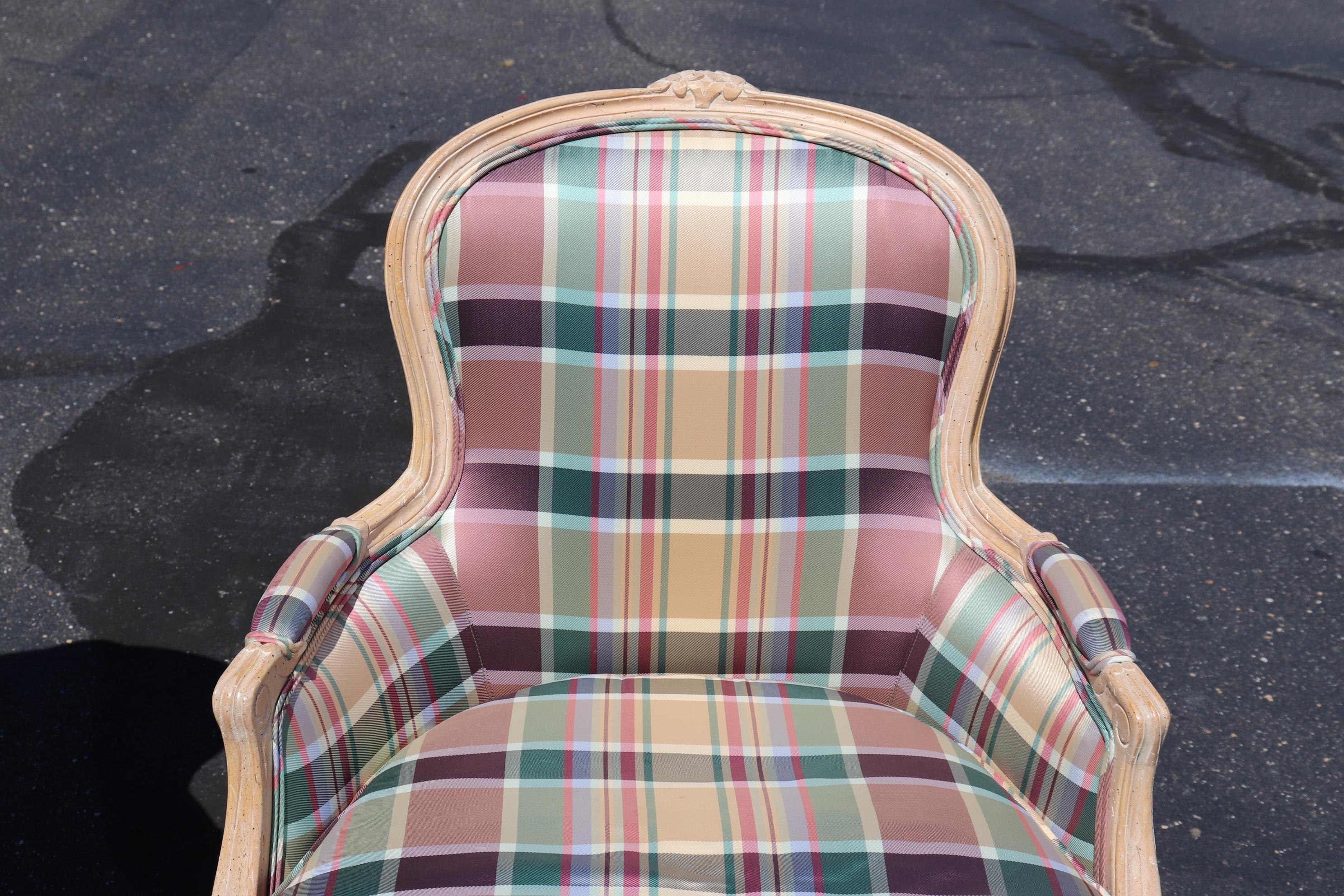 French Louis XV Limed Walnut Plaid Upholstered Bergere Chairs 5