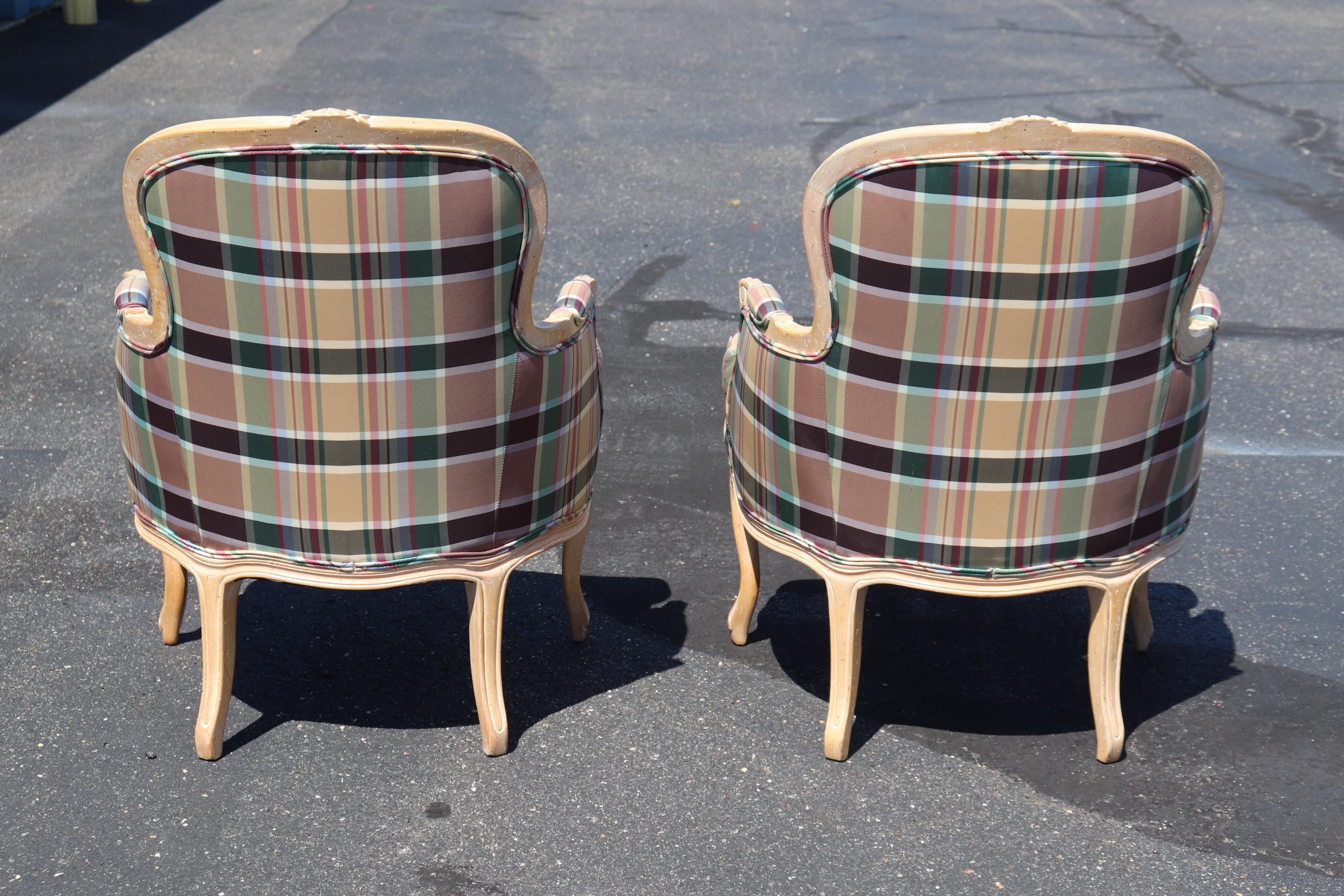 French Louis XV Limed Walnut Plaid Upholstered Bergere Chairs 9