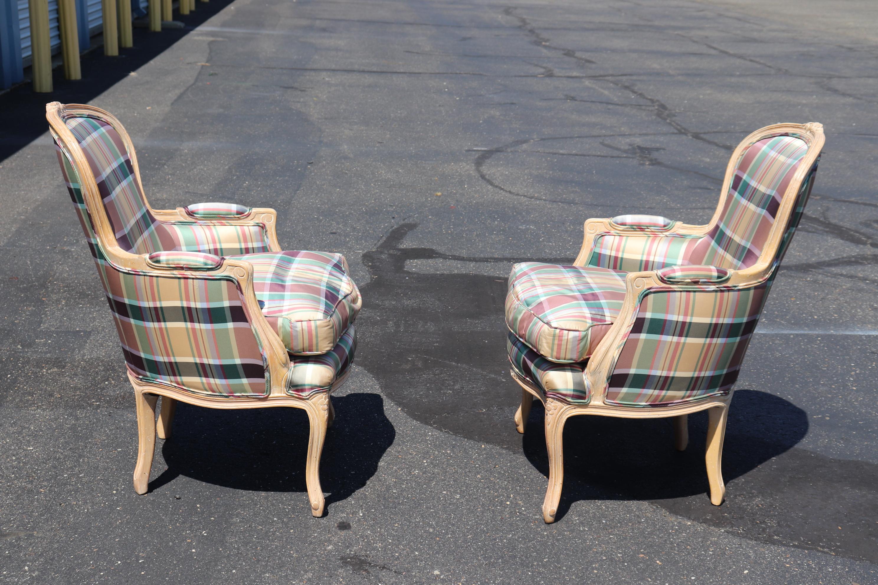 French Louis XV Limed Walnut Plaid Upholstered Bergere Chairs 12