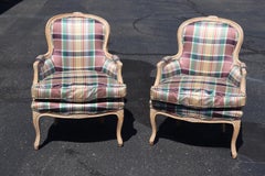 French Louis XV Limed Walnut Plaid Upholstered Bergere Chairs