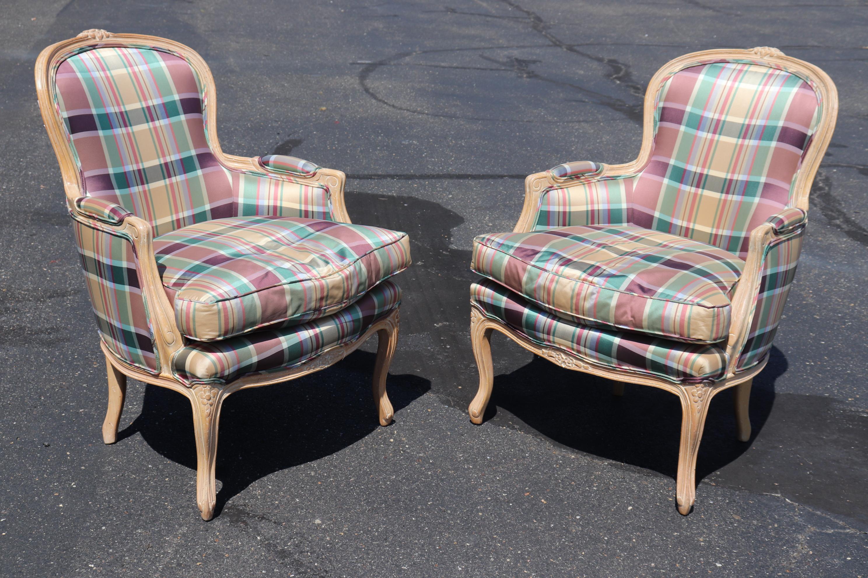 Unknown French Louis XV Limed Walnut Plaid Upholstered Bergere Chairs