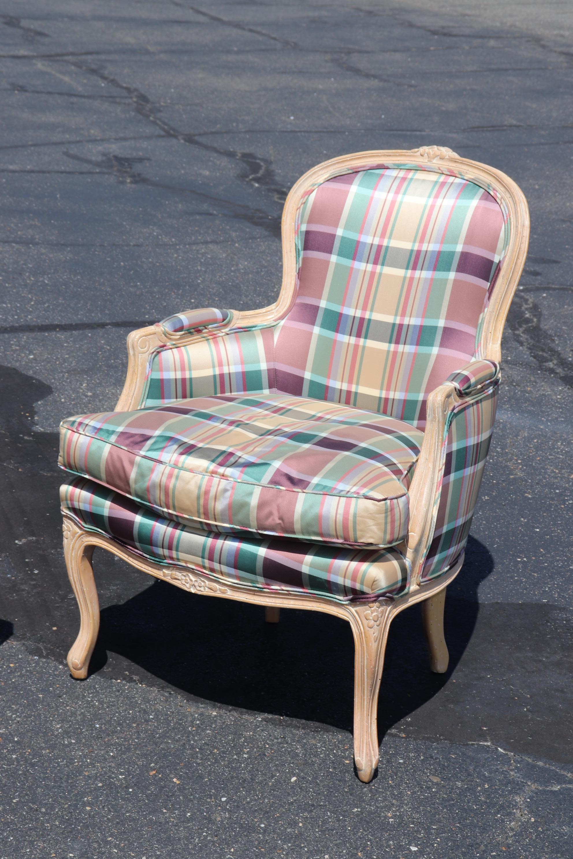 French Louis XV Limed Walnut Plaid Upholstered Bergere Chairs In Good Condition In Swedesboro, NJ