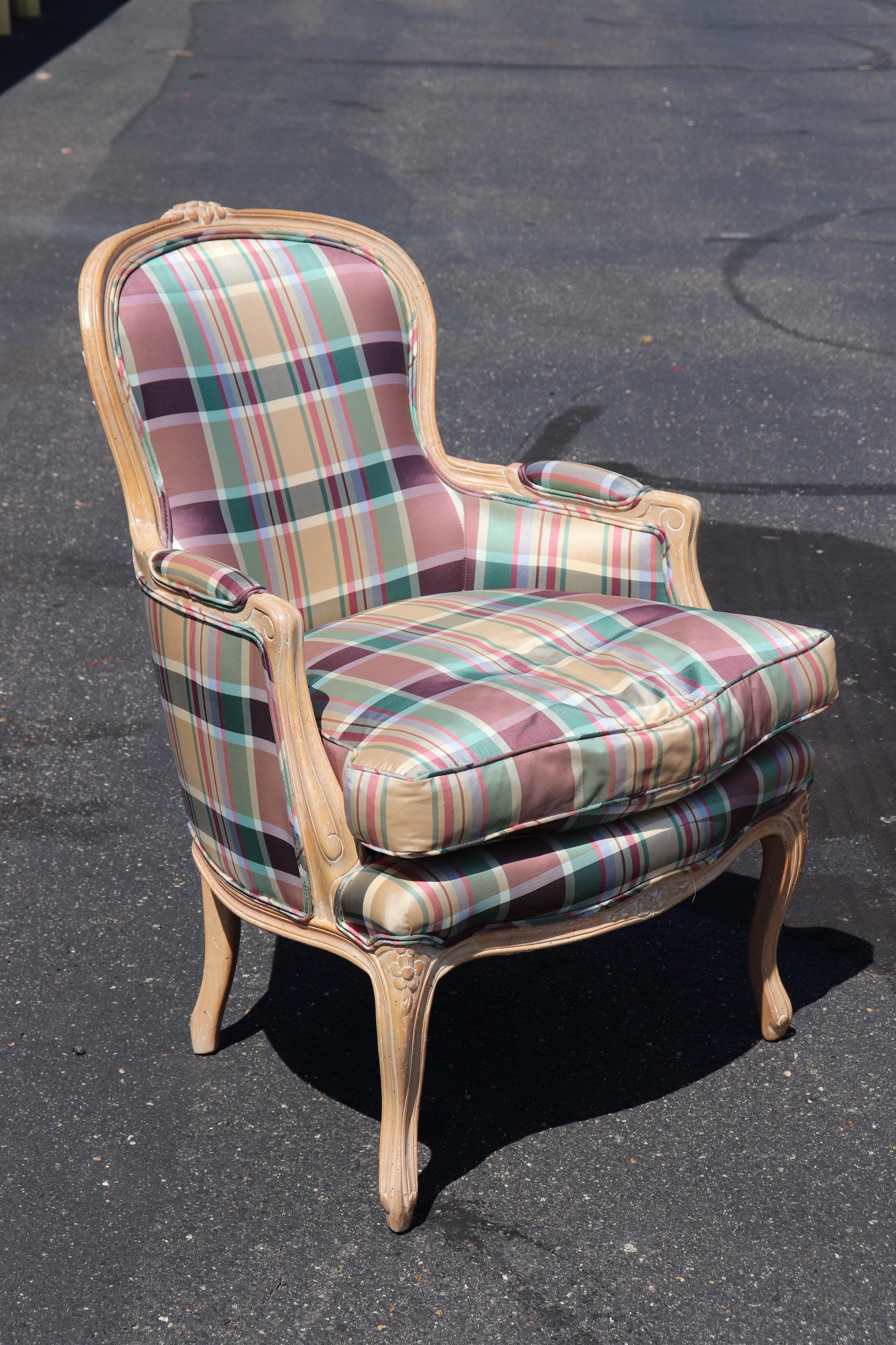 Late 20th Century French Louis XV Limed Walnut Plaid Upholstered Bergere Chairs