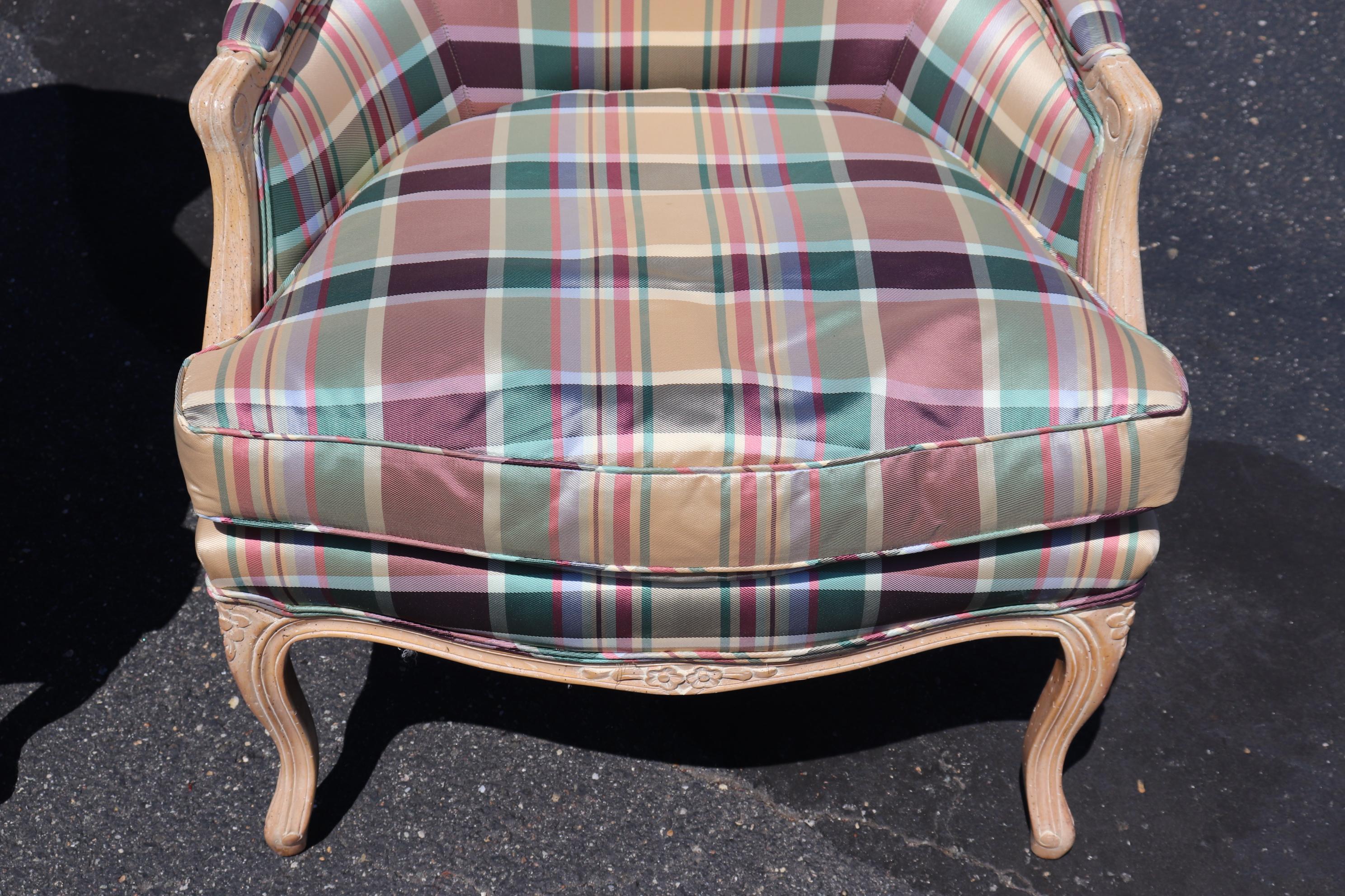 French Louis XV Limed Walnut Plaid Upholstered Bergere Chairs 4