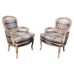 French Louis XV Limed Walnut Plaid Upholstered Bergere Chairs