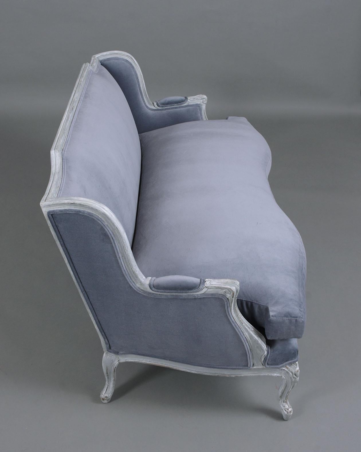 Vintage French Louis XV Style Distressed GreyIvory Velvet Loveseat For