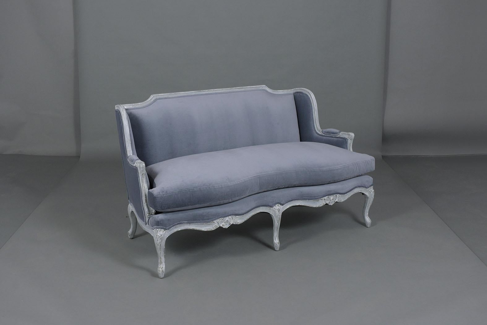 Carved Vintage French Louis XV Style Distressed Grey-Ivory Velvet Loveseat