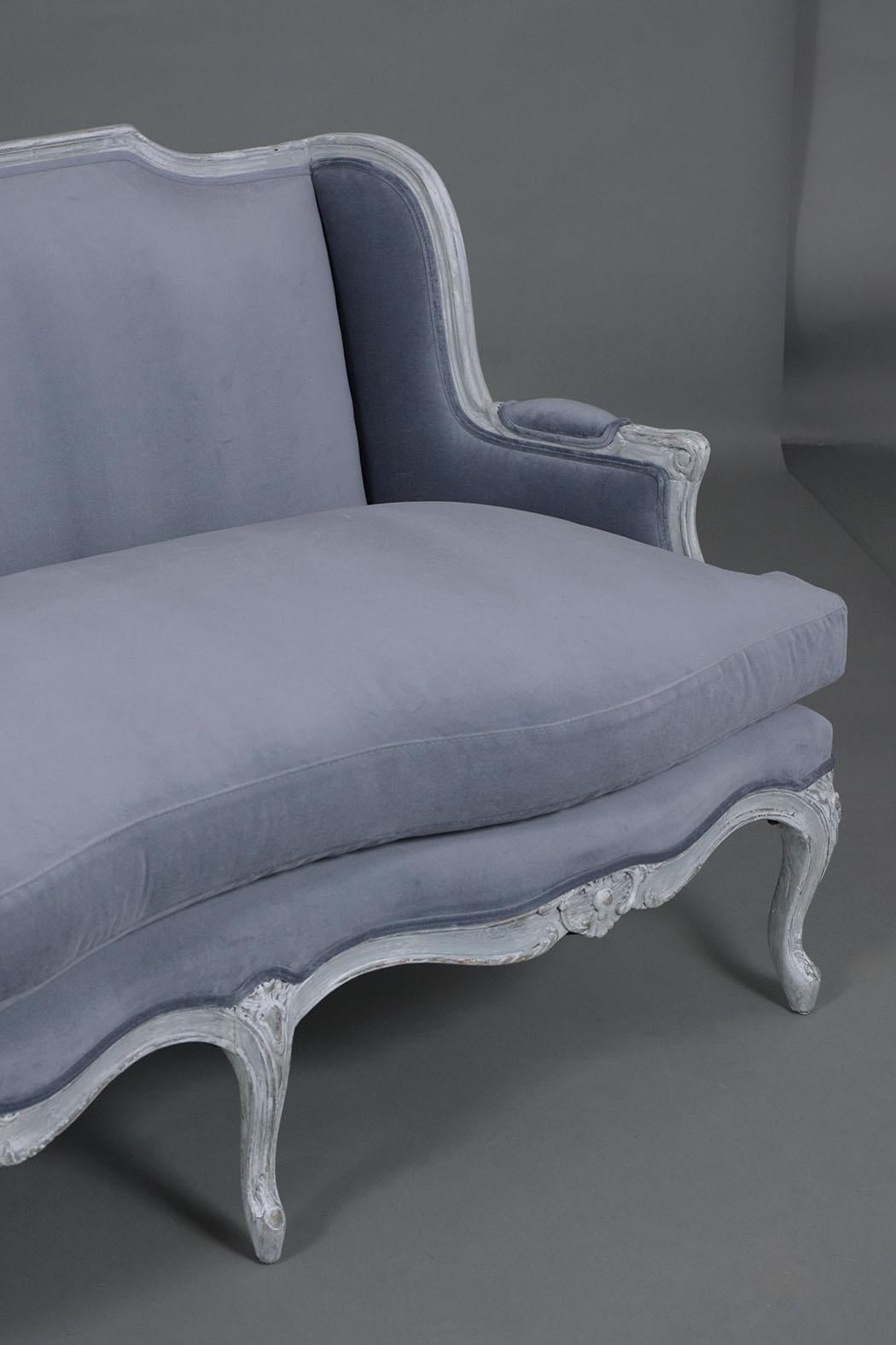 Mid-20th Century Vintage French Louis XV Style Distressed Grey-Ivory Velvet Loveseat