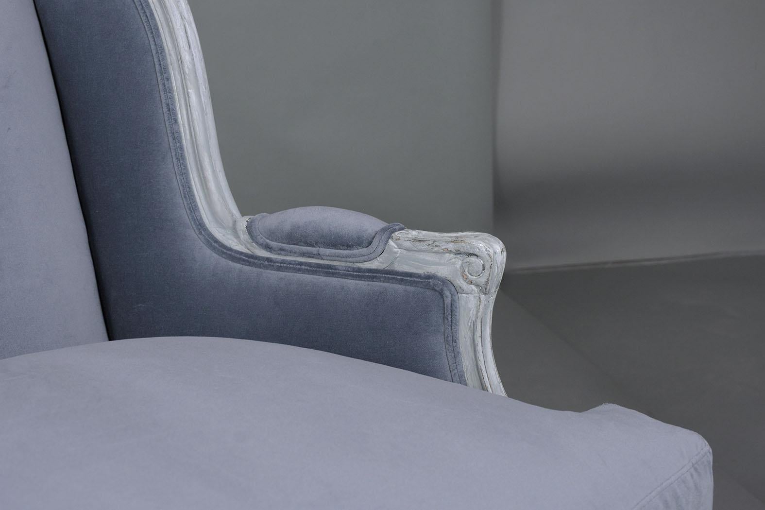 Vintage French Louis XV Style Distressed GreyIvory Velvet Loveseat For