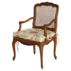 French Louis XV Mahogany & Cane Chair With Carved Floral Elements C1910