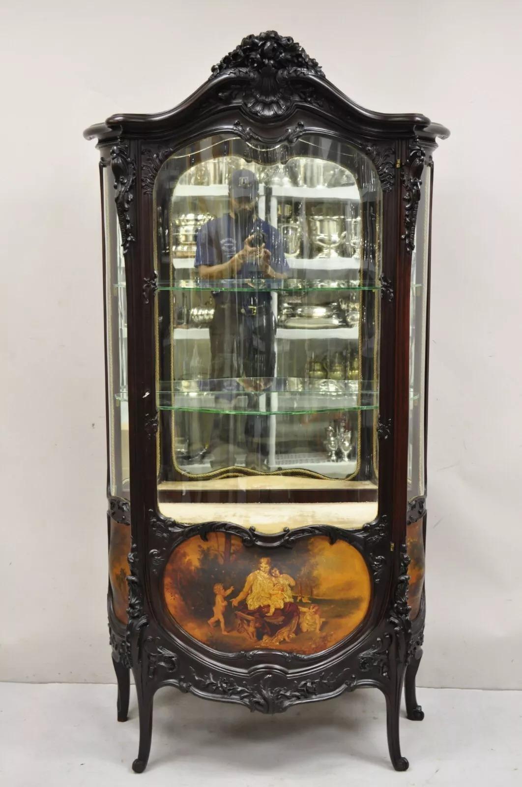 French Louis XV Mahogany Hand Painted Curved Glass Vernis Martin Curio Cabinet For Sale 7