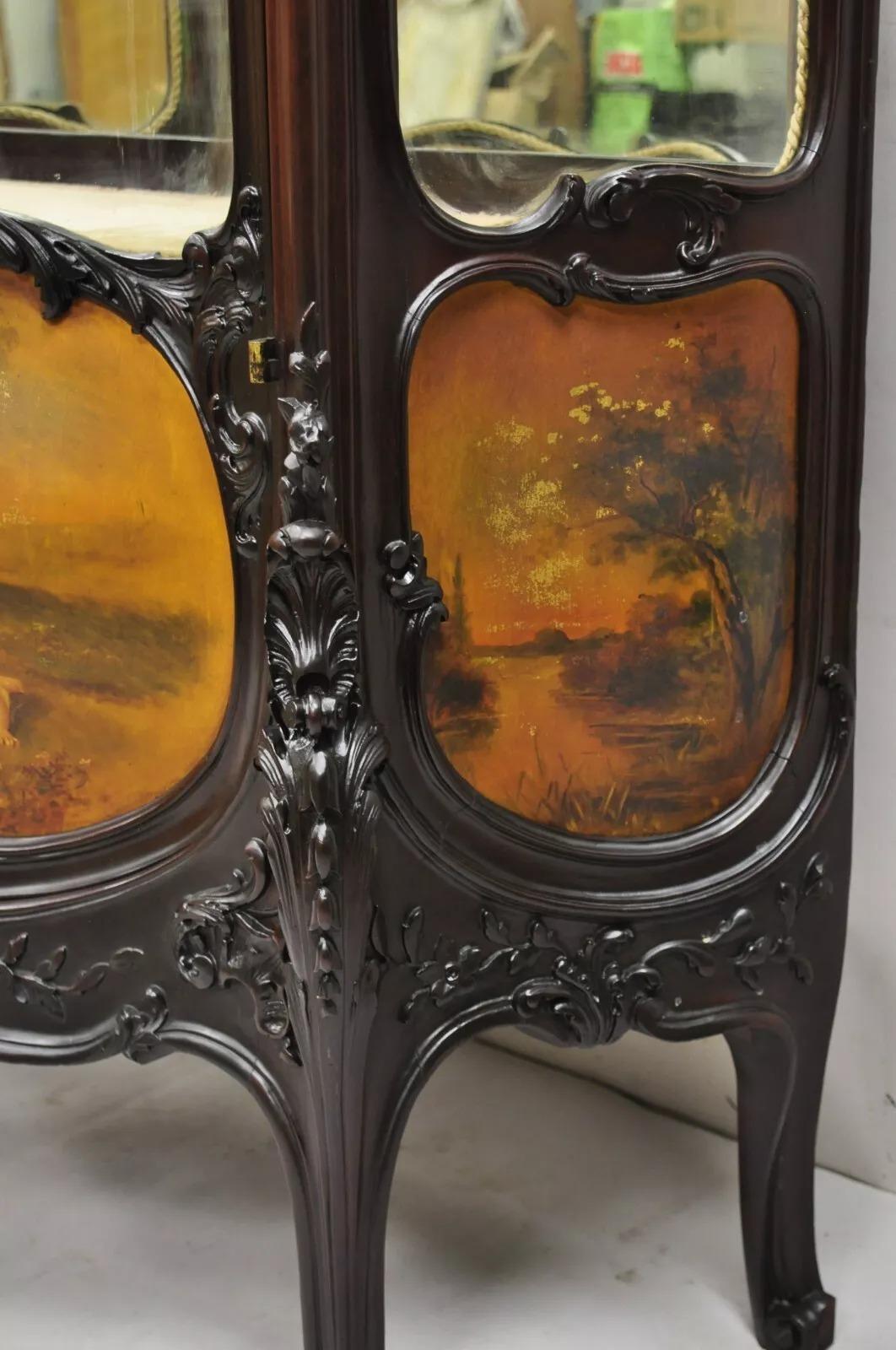 French Louis XV Mahogany Hand Painted Curved Glass Vernis Martin Curio Cabinet For Sale 3