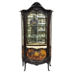 French Louis XV Mahogany Hand Painted Curved Glass Vernis Martin Curio Cabinet