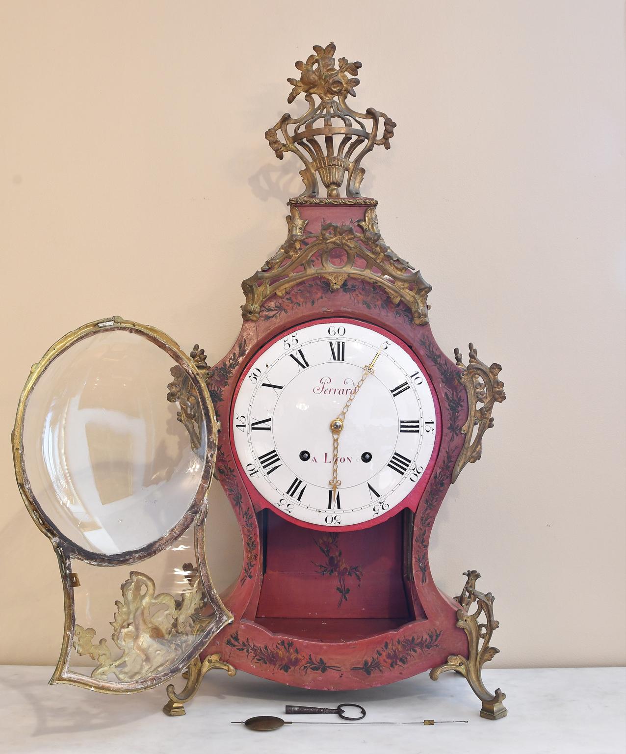 Rococo 18th Century French Louis XV Mantel Clock w/ Ormolu & Painted Flowers by Perrard For Sale