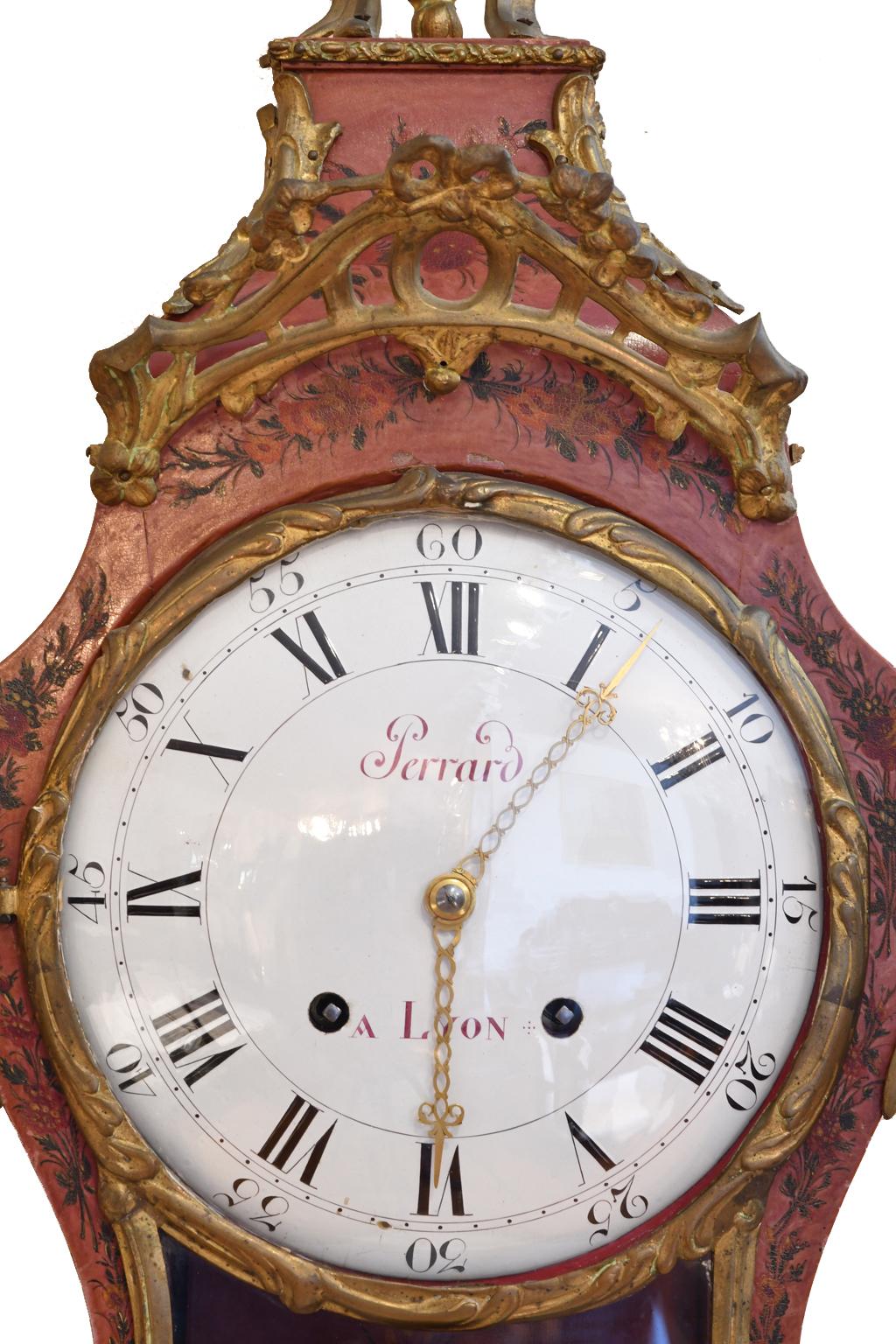 Cast 18th Century French Louis XV Mantel Clock w/ Ormolu & Painted Flowers by Perrard For Sale