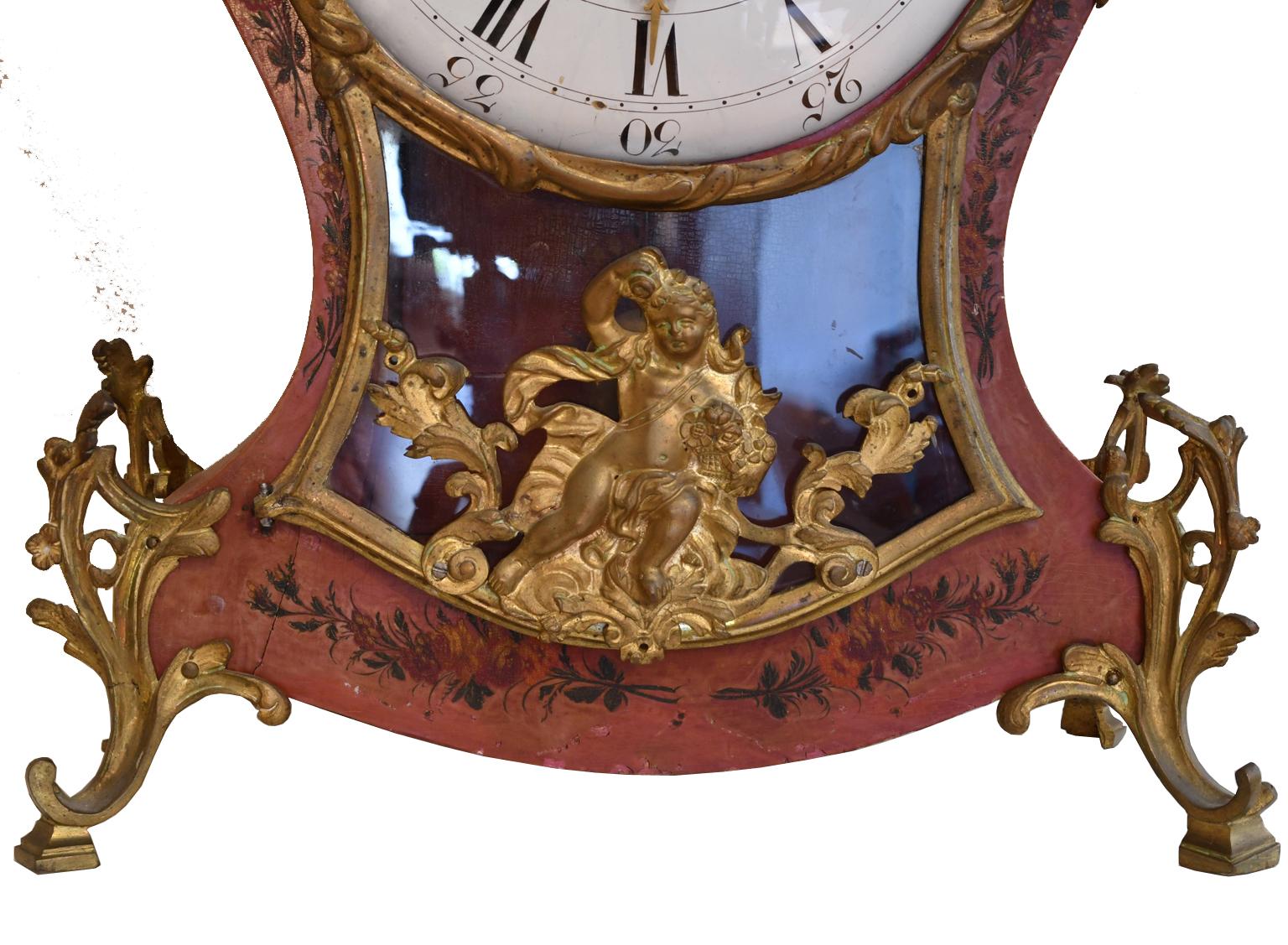 18th Century French Louis XV Mantel Clock w/ Ormolu & Painted Flowers by Perrard For Sale 1