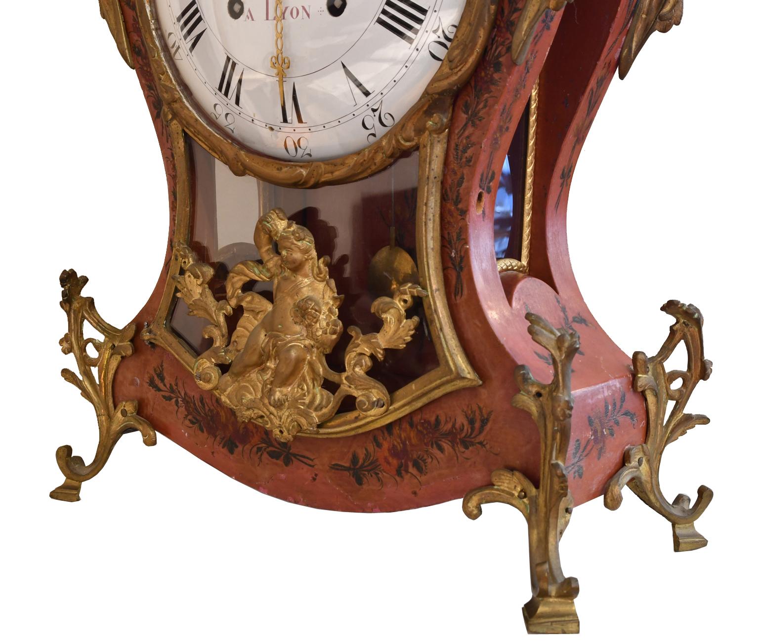 18th Century French Louis XV Mantel Clock w/ Ormolu & Painted Flowers by Perrard For Sale 2