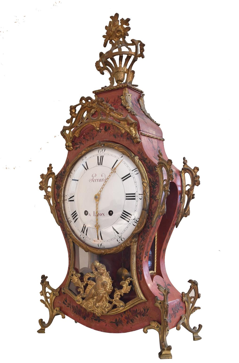 Französische Louis-XV-Manteluhr aus dem 18. Jahrhundert mit Goldbronze und bemalten Blumen von Perrard im Angebot 3