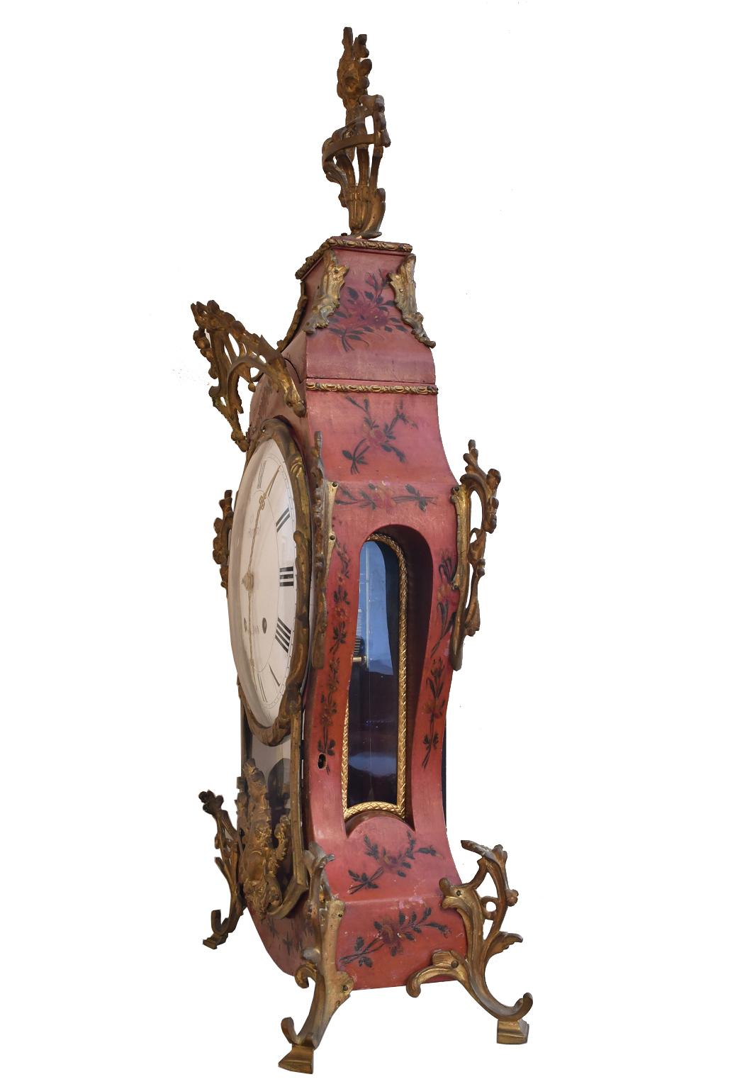 18th Century French Louis XV Mantel Clock w/ Ormolu & Painted Flowers by Perrard For Sale 4