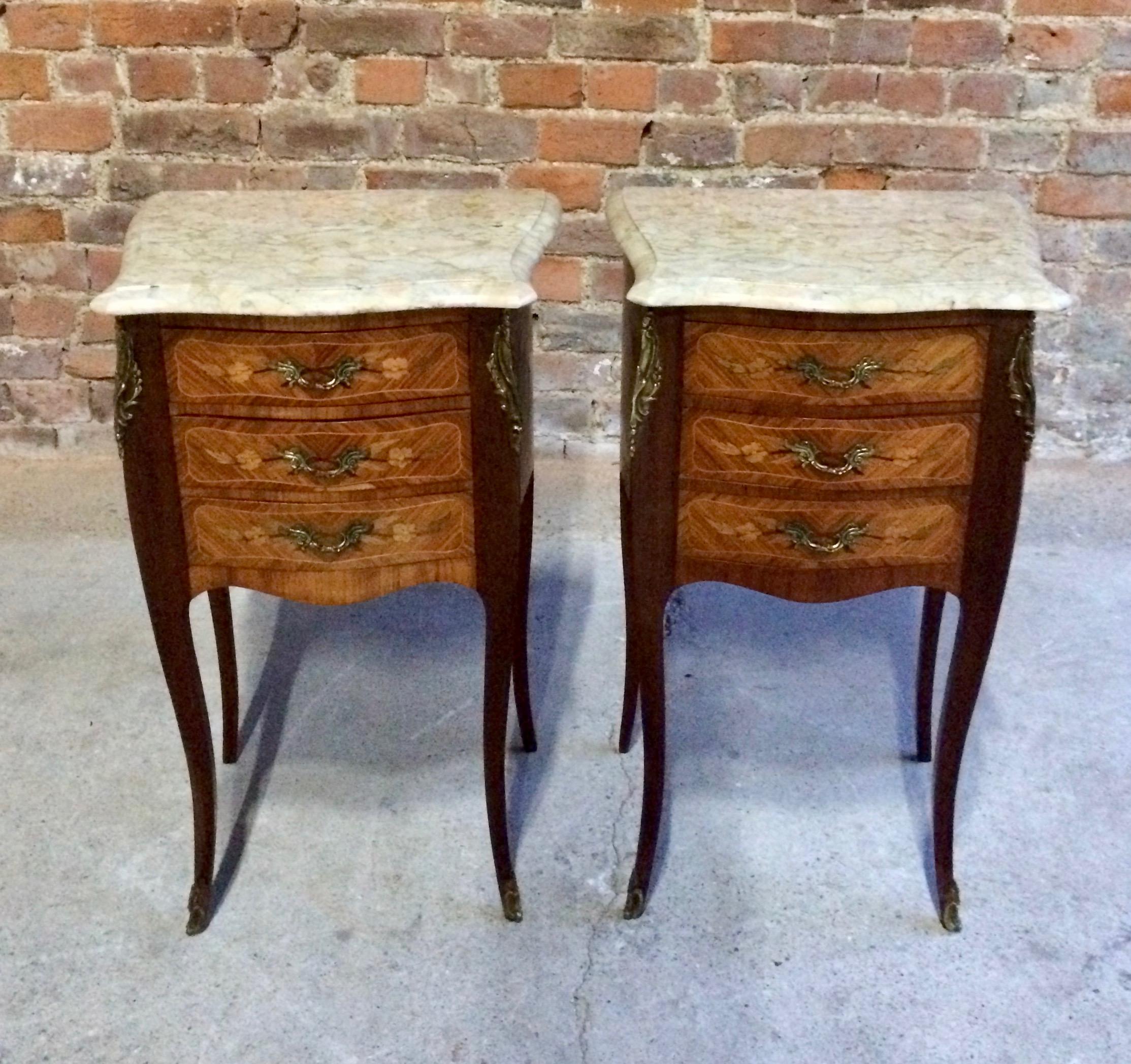 French Louis XV Marble Bombe Commode Bedside Cabinets Tables Set 1 7