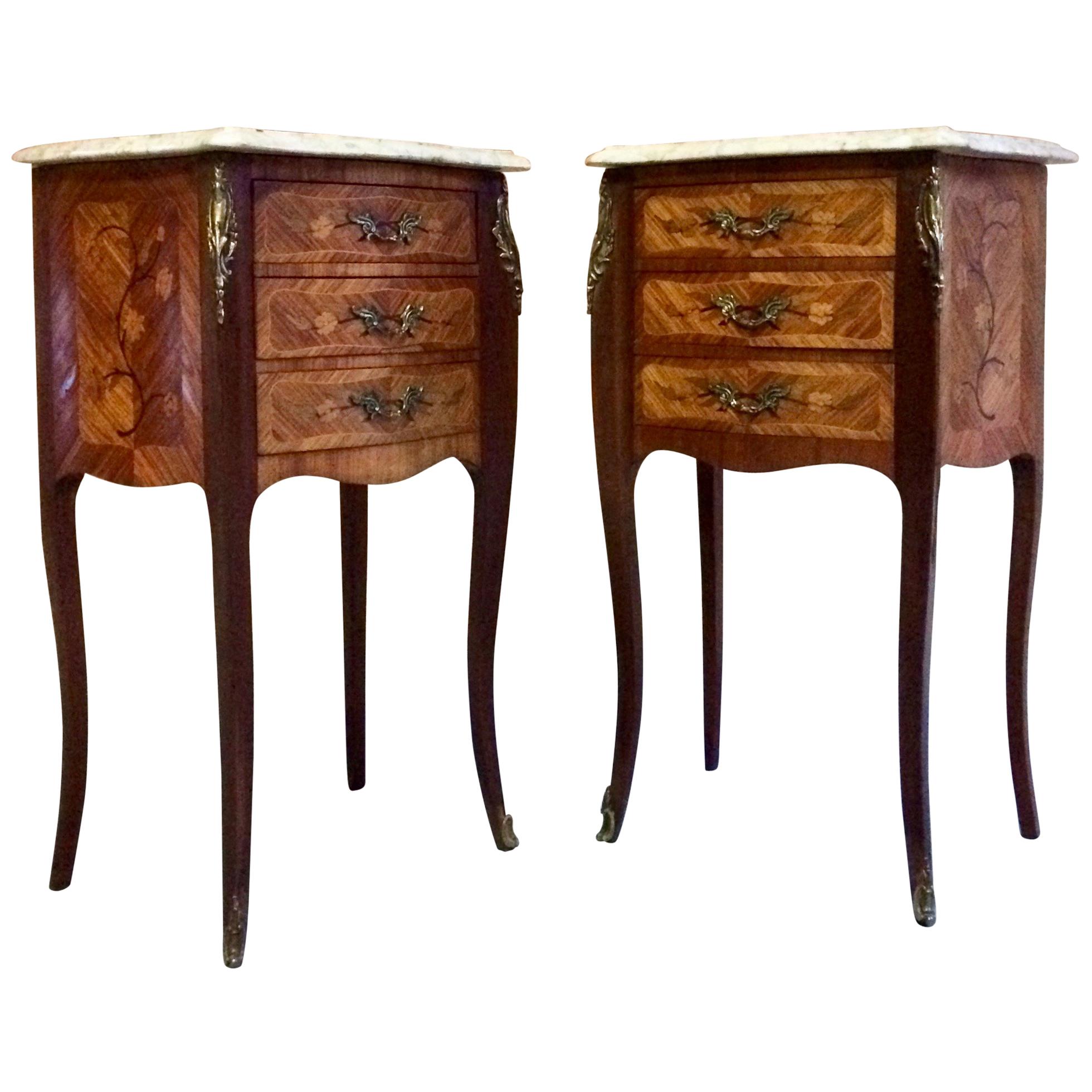 French Louis XV Marble Bombe Commode Bedside Cabinets Tables Set 1