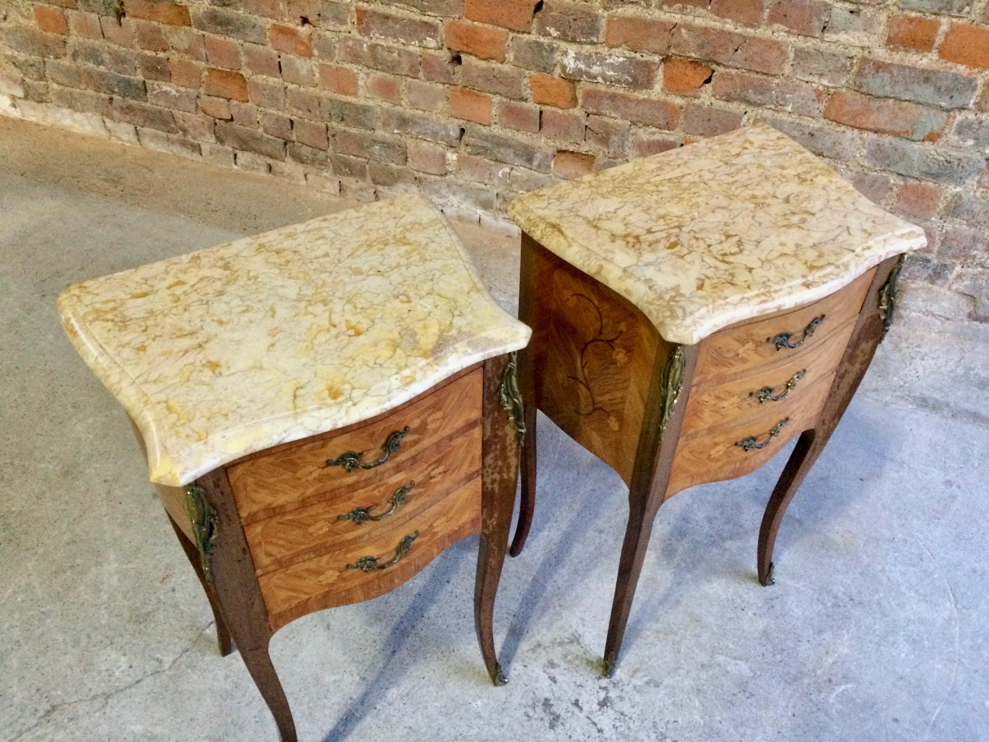 French Louis XV Marble Bombe Commode Bedside Cabinets Tables Set 2 3