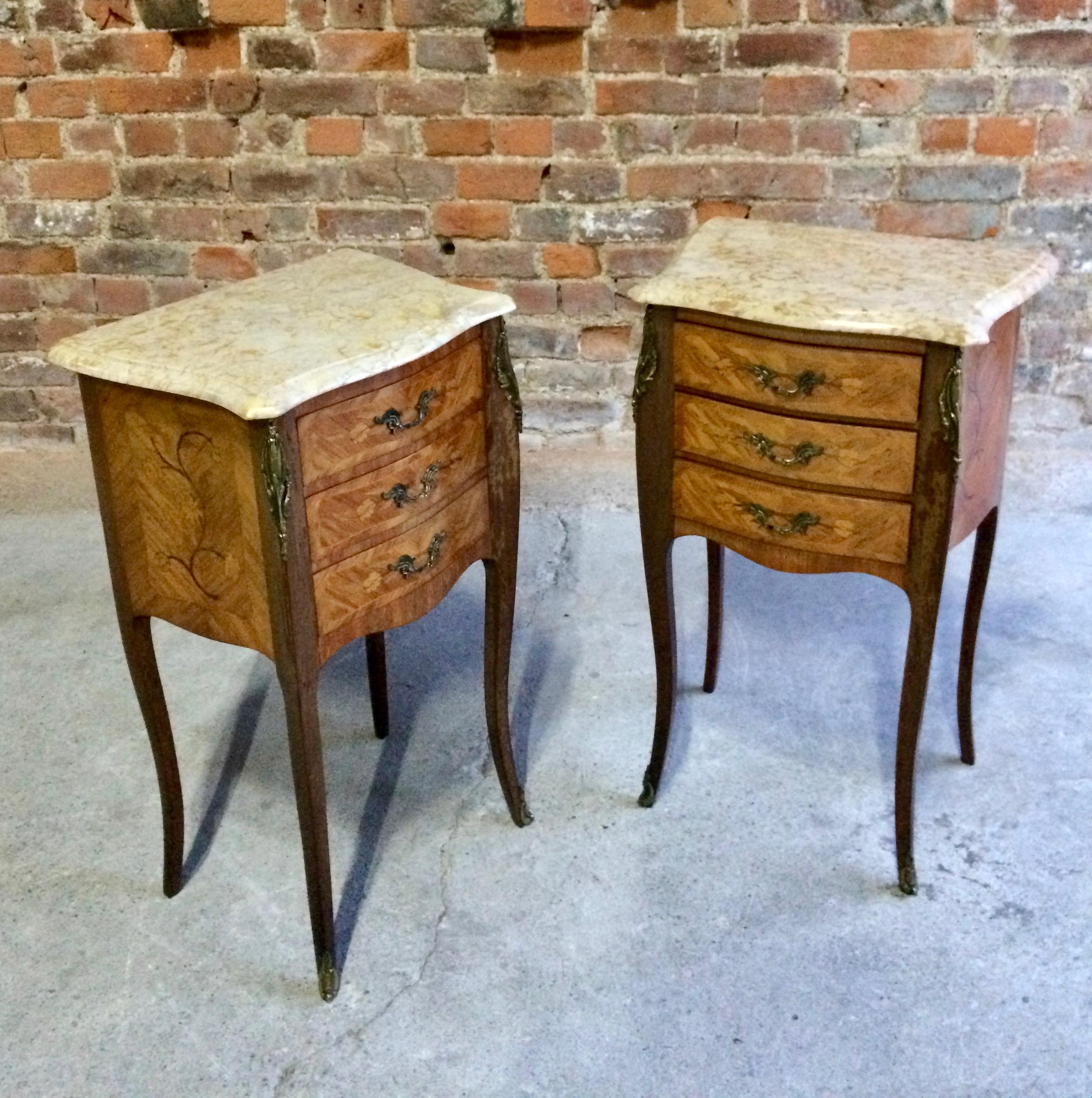 French Louis XV Marble Bombe Commode Bedside Cabinets Tables Set 2 5