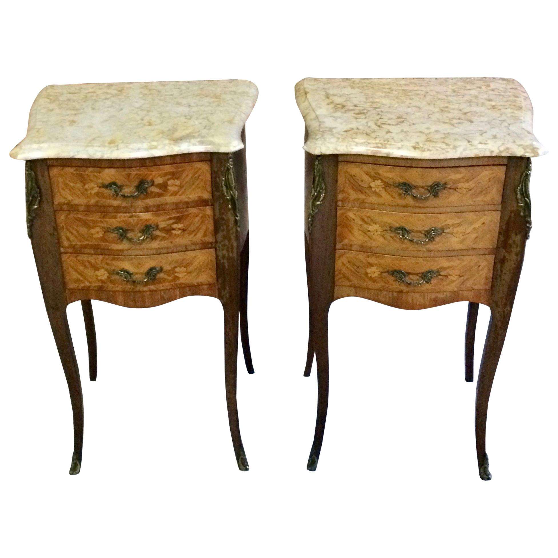 French Louis XV Marble Bombe Commode Bedside Cabinets Tables Set 2