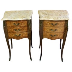 Antique French Louis XV Marble Bombe Commode Bedside Cabinets Tables Set 2
