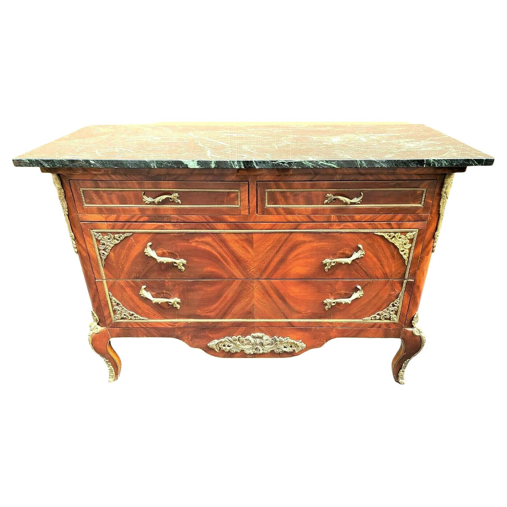 French Louis XV Marble Top Chest Dresser TV Stand Sideboard w Gilt Ormolu Mounts For Sale