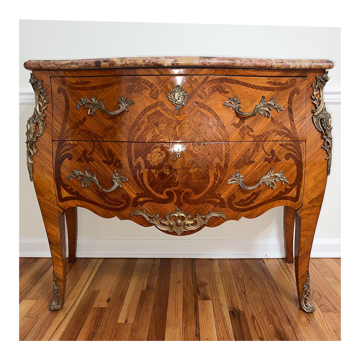 Bronze French Louis XV Marble Top Commode For Sale