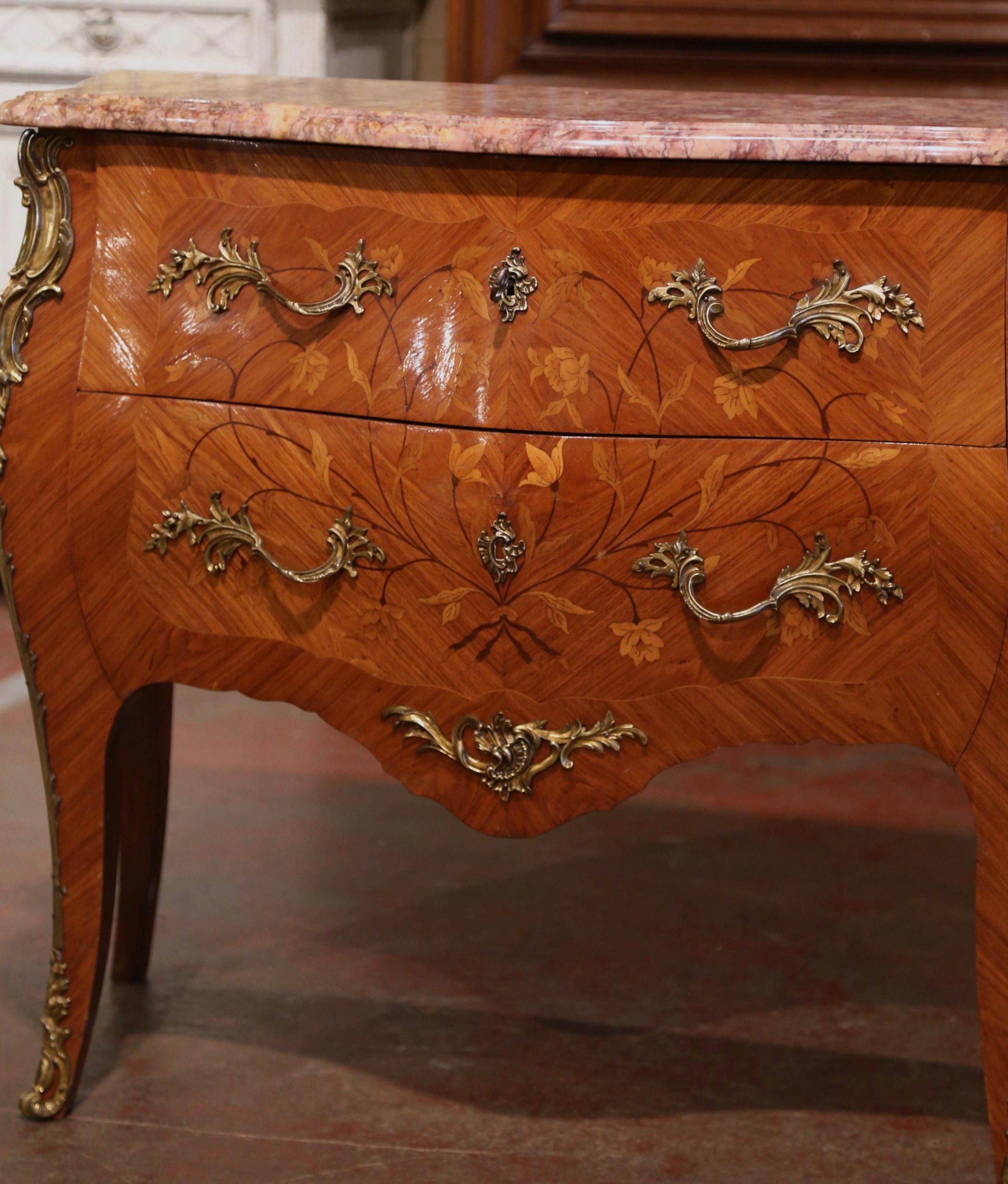 Hand-Carved French Louis XV Marble Top Walnut Marquetry and Inlay Bombe Chest of Drawers