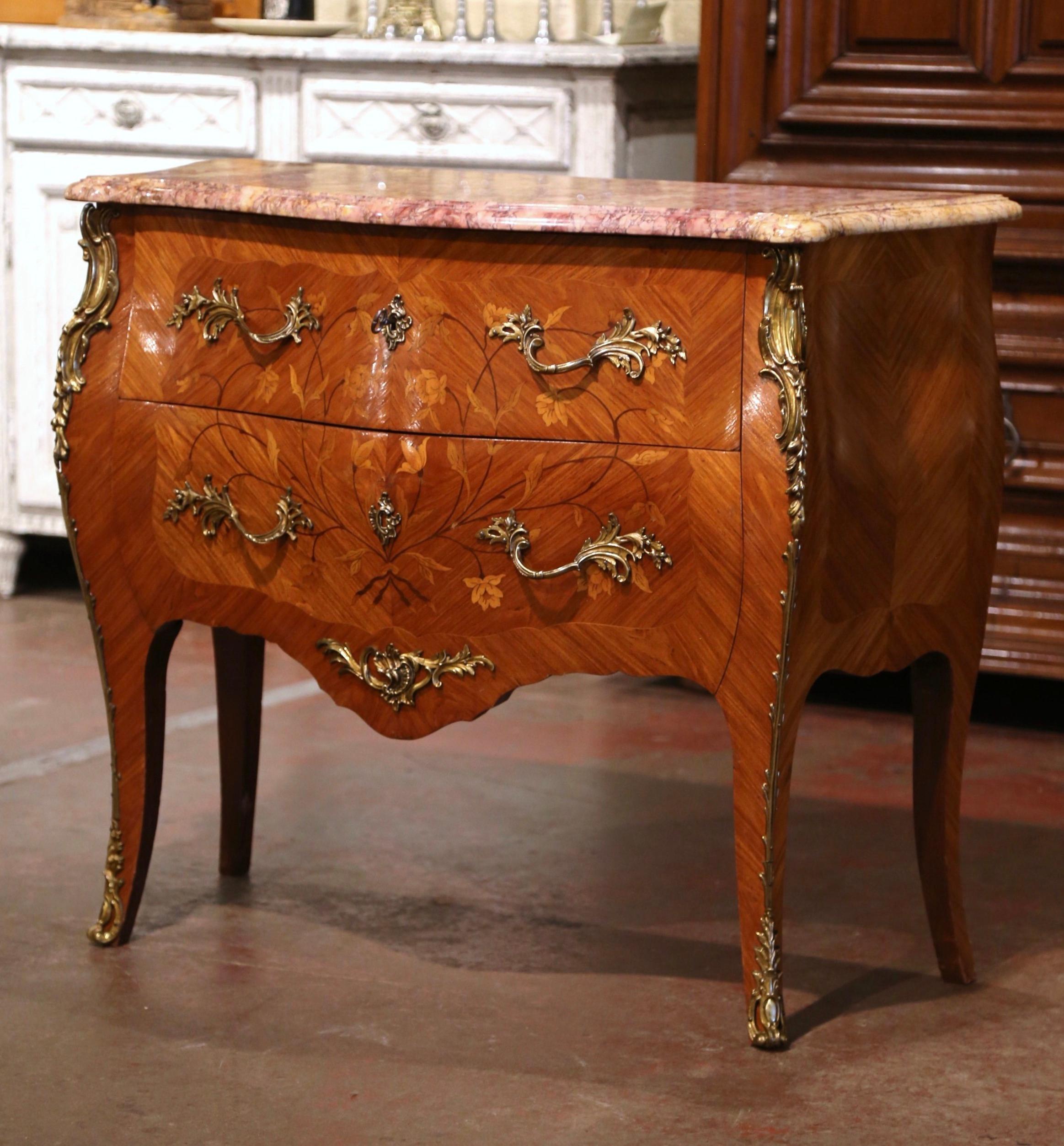 French Louis XV Marble Top Walnut Marquetry and Inlay Bombe Chest of Drawers In Excellent Condition In Dallas, TX