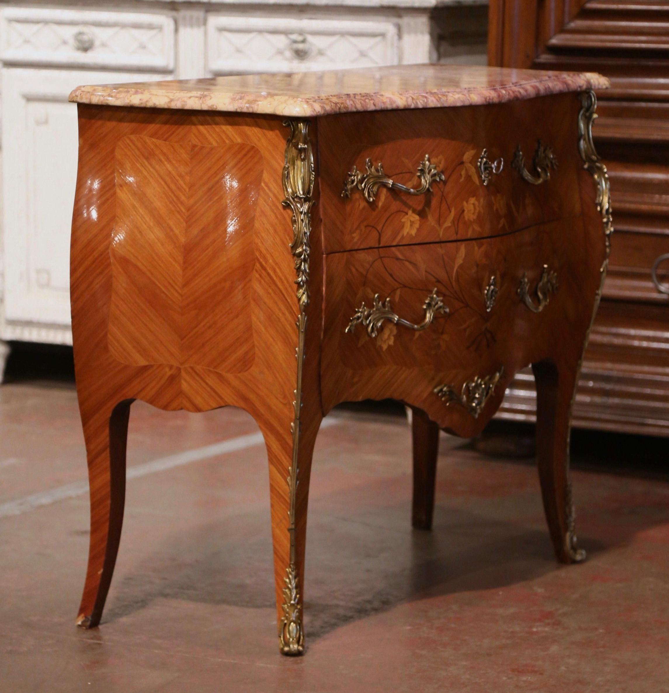 20th Century French Louis XV Marble Top Walnut Marquetry and Inlay Bombe Chest of Drawers