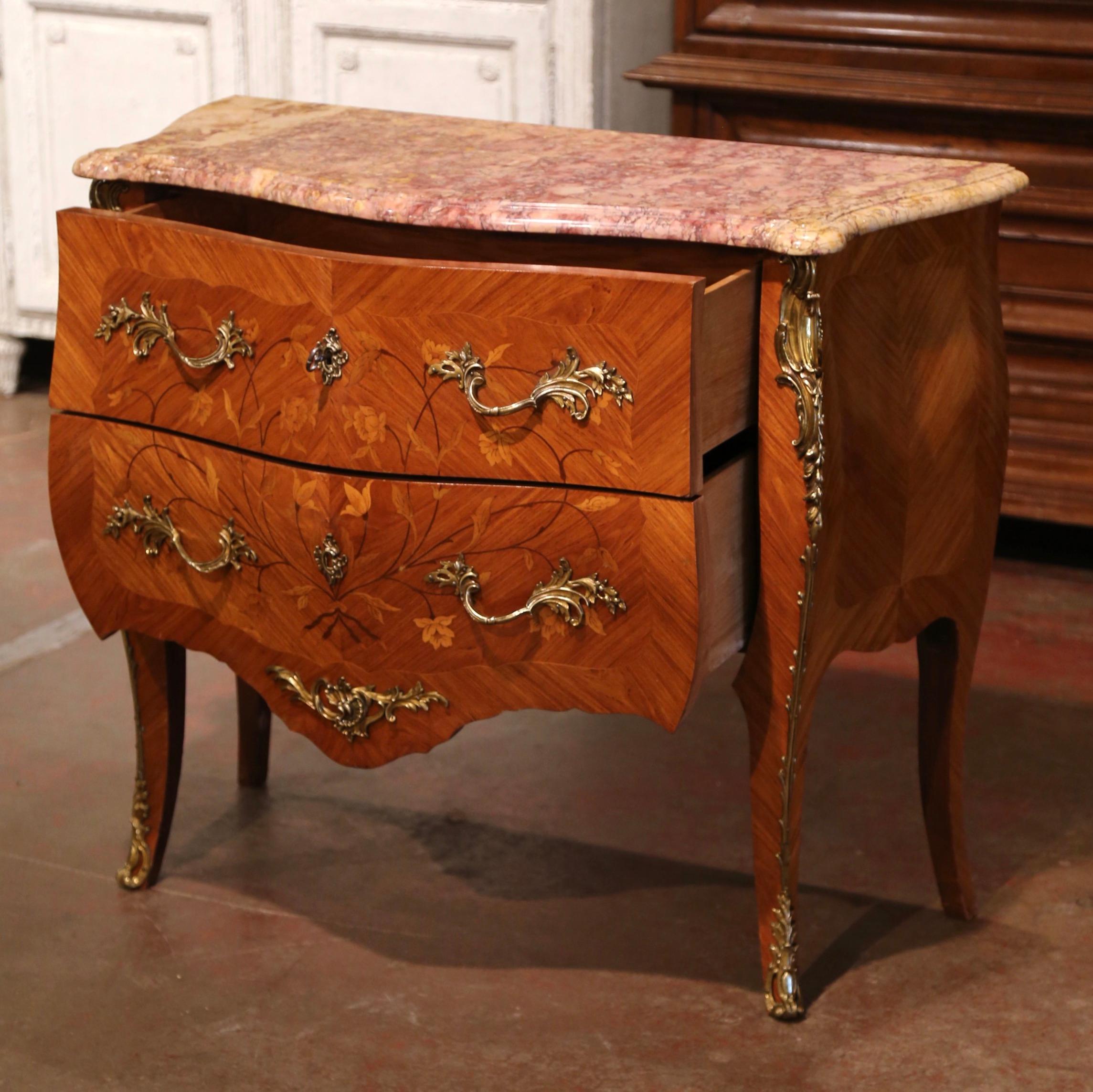 Bronze French Louis XV Marble Top Walnut Marquetry and Inlay Bombe Chest of Drawers