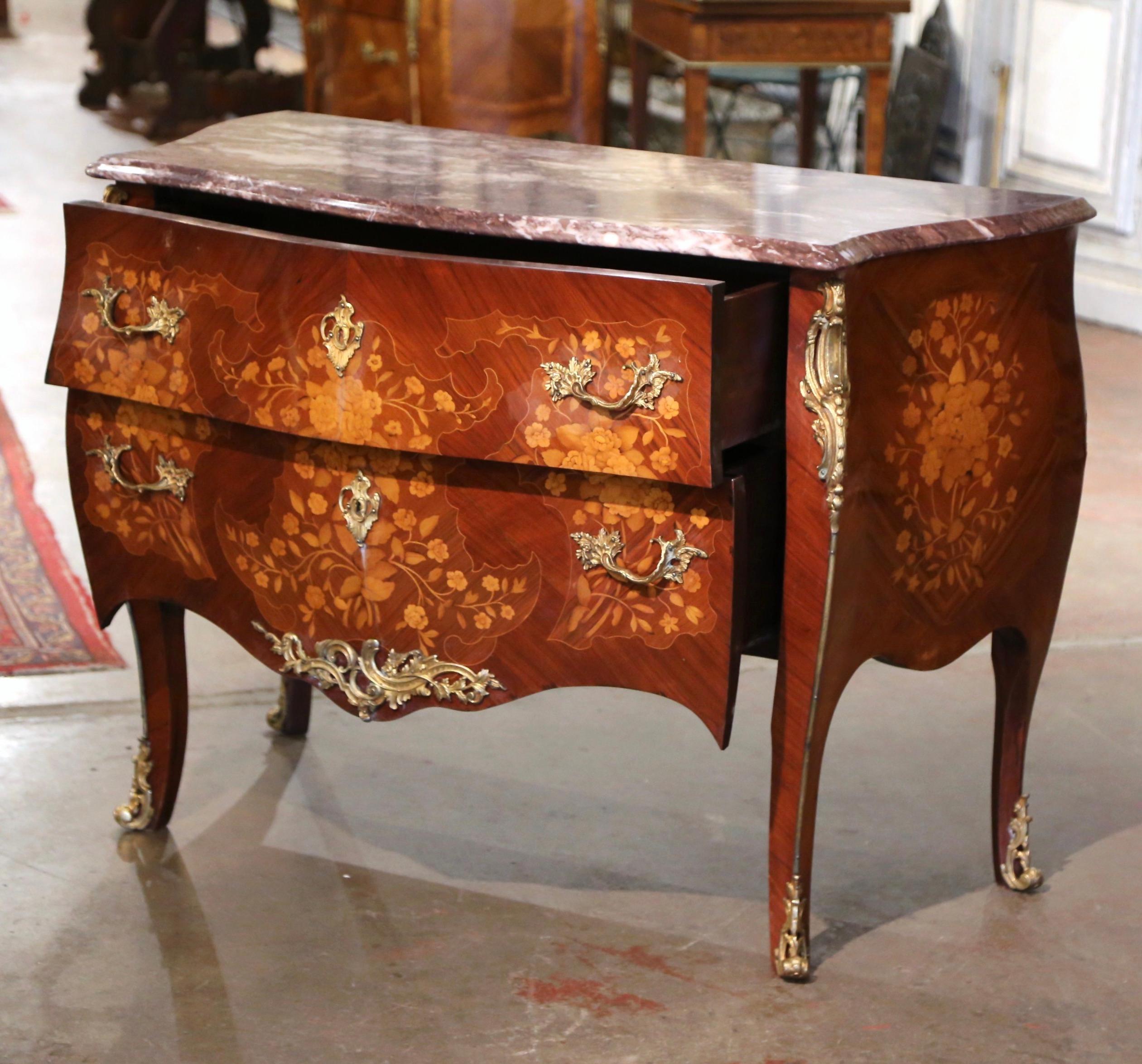French Louis XV Marble Top Walnut Marquetry Inlaid Bombe Chest of Drawers 5