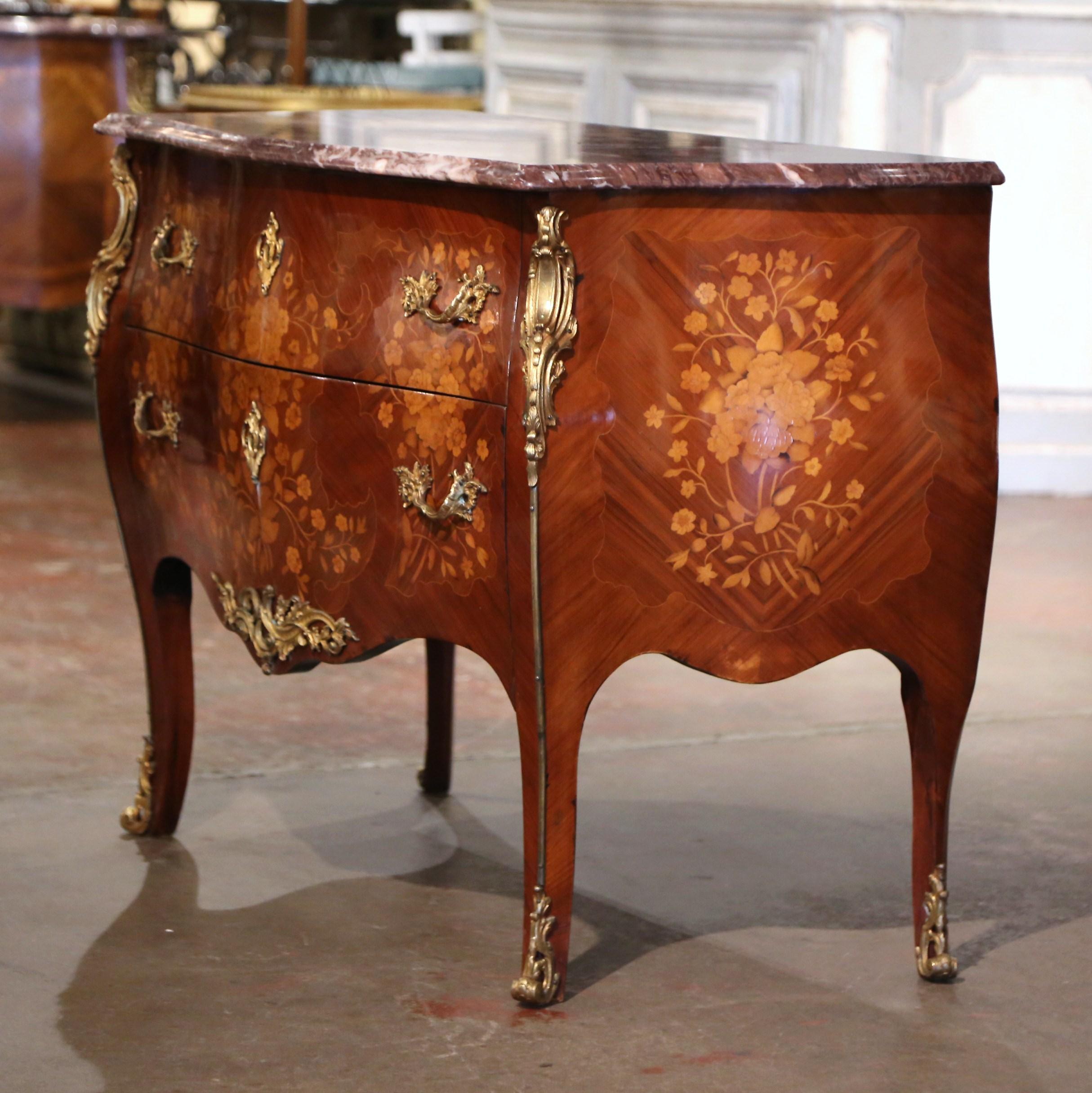 French Louis XV Marble Top Walnut Marquetry Inlaid Bombe Chest of Drawers 7