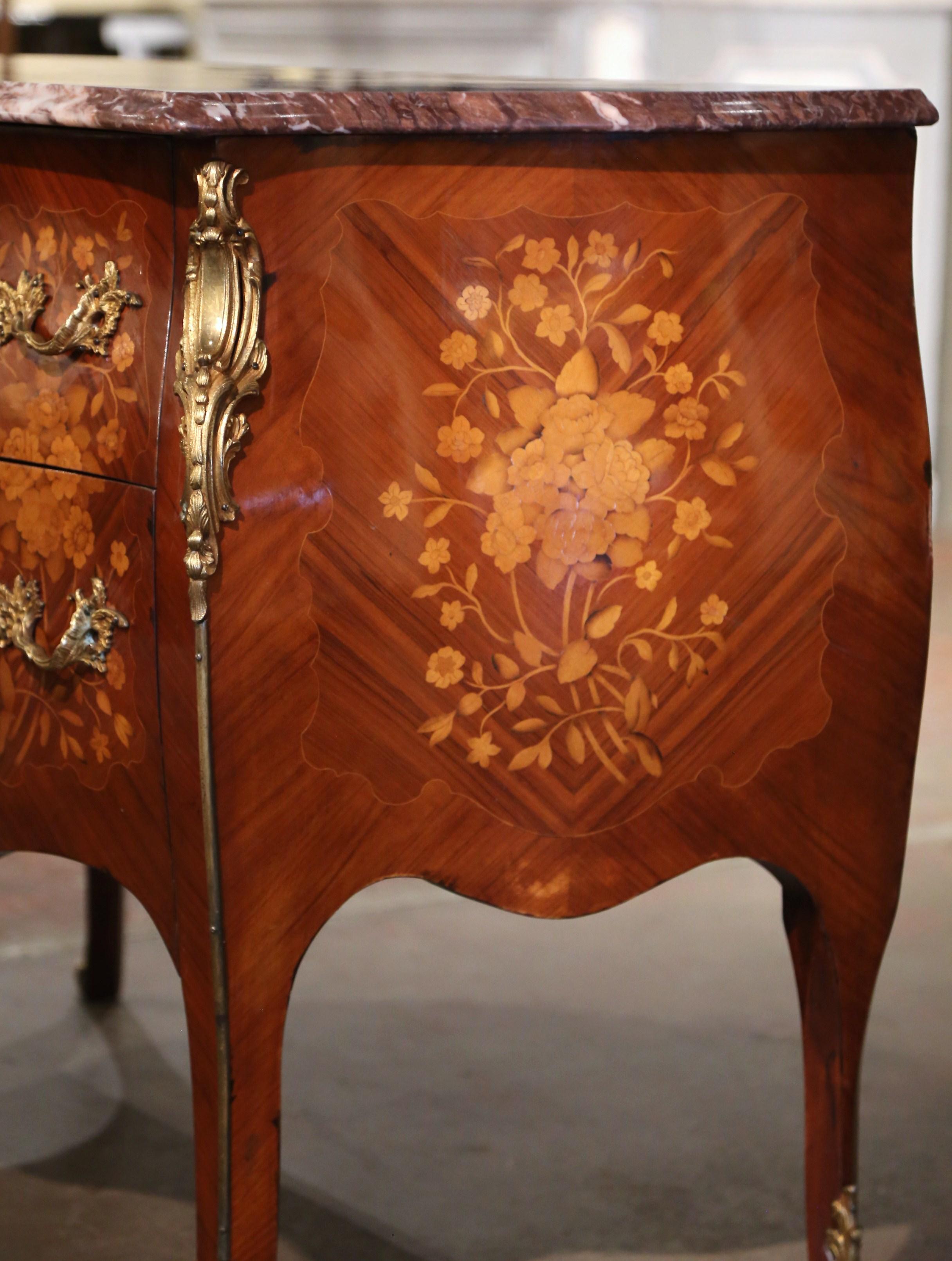 French Louis XV Marble Top Walnut Marquetry Inlaid Bombe Chest of Drawers 8