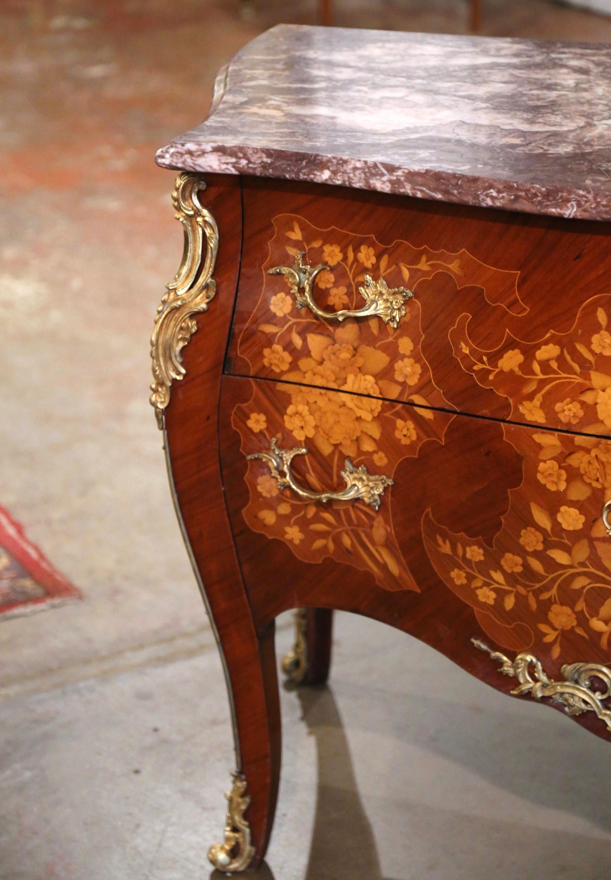 Hand-Carved French Louis XV Marble Top Walnut Marquetry Inlaid Bombe Chest of Drawers
