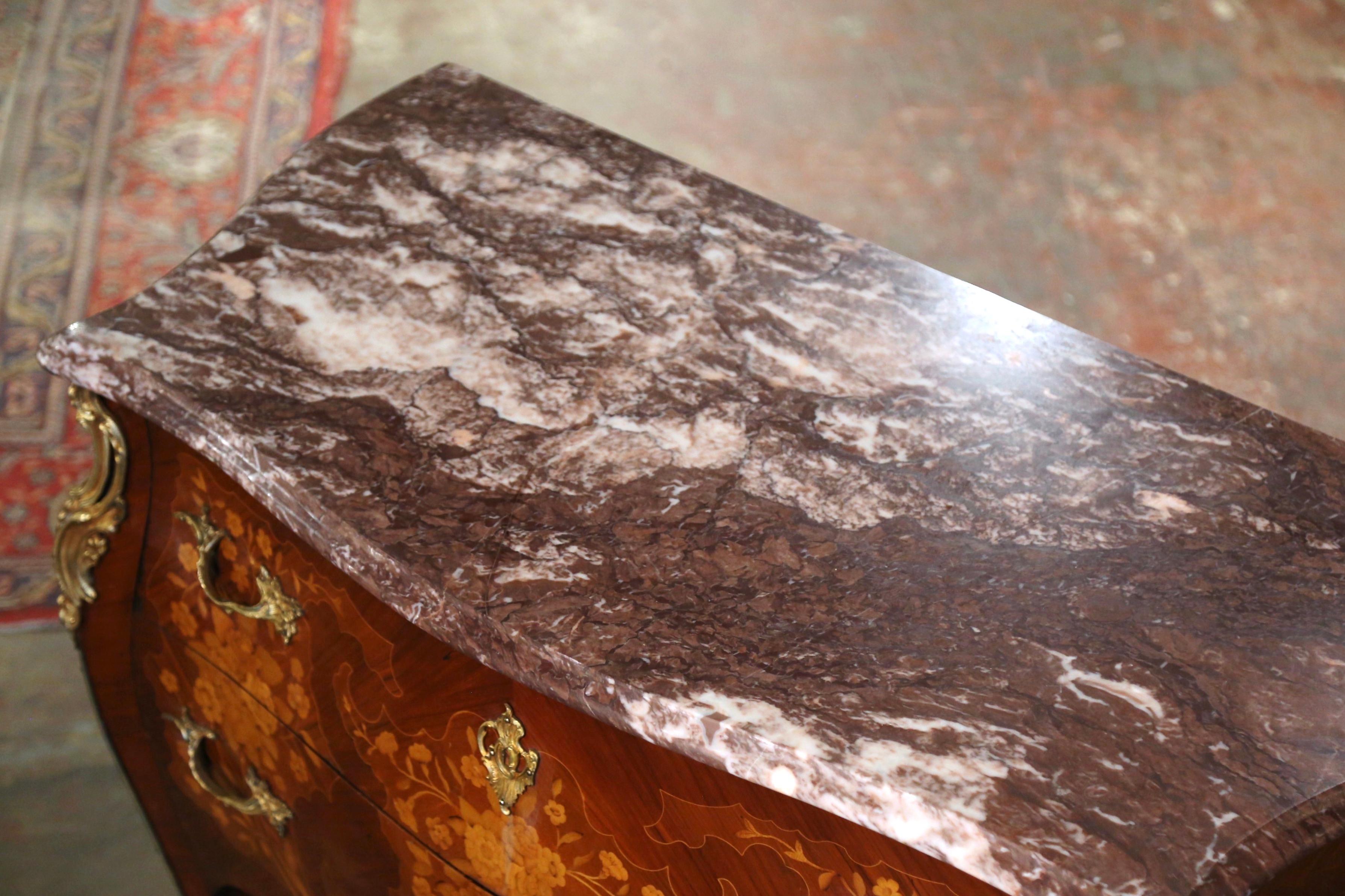 French Louis XV Marble Top Walnut Marquetry Inlaid Bombe Chest of Drawers In Excellent Condition In Dallas, TX