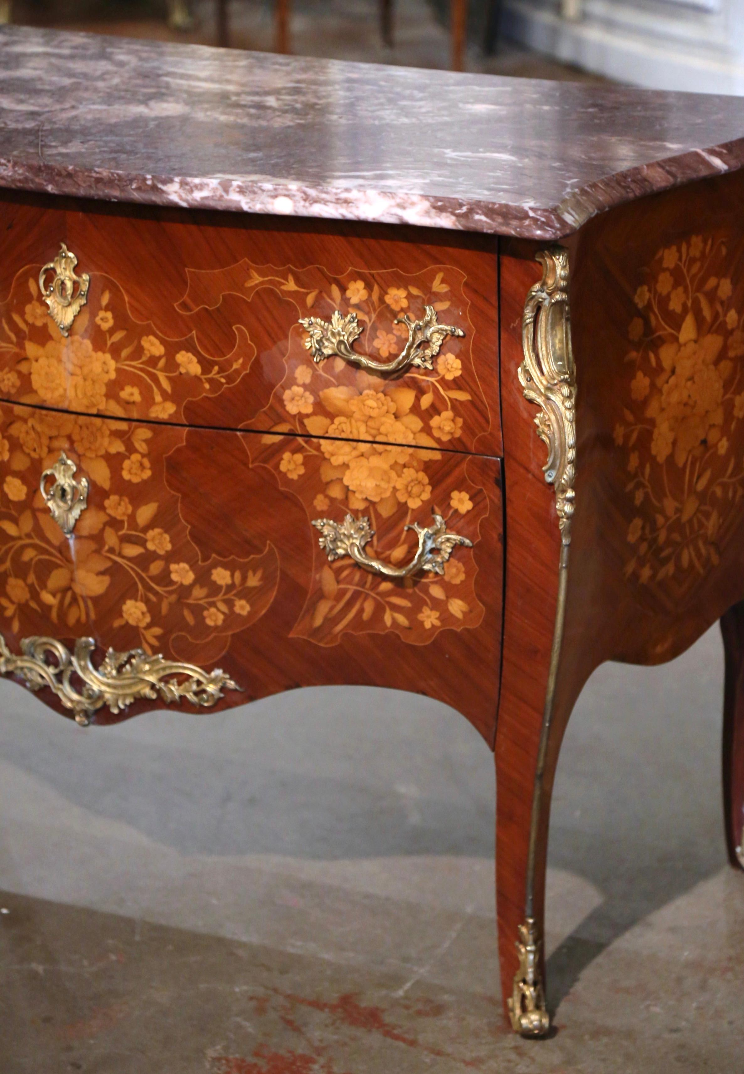 20th Century French Louis XV Marble Top Walnut Marquetry Inlaid Bombe Chest of Drawers