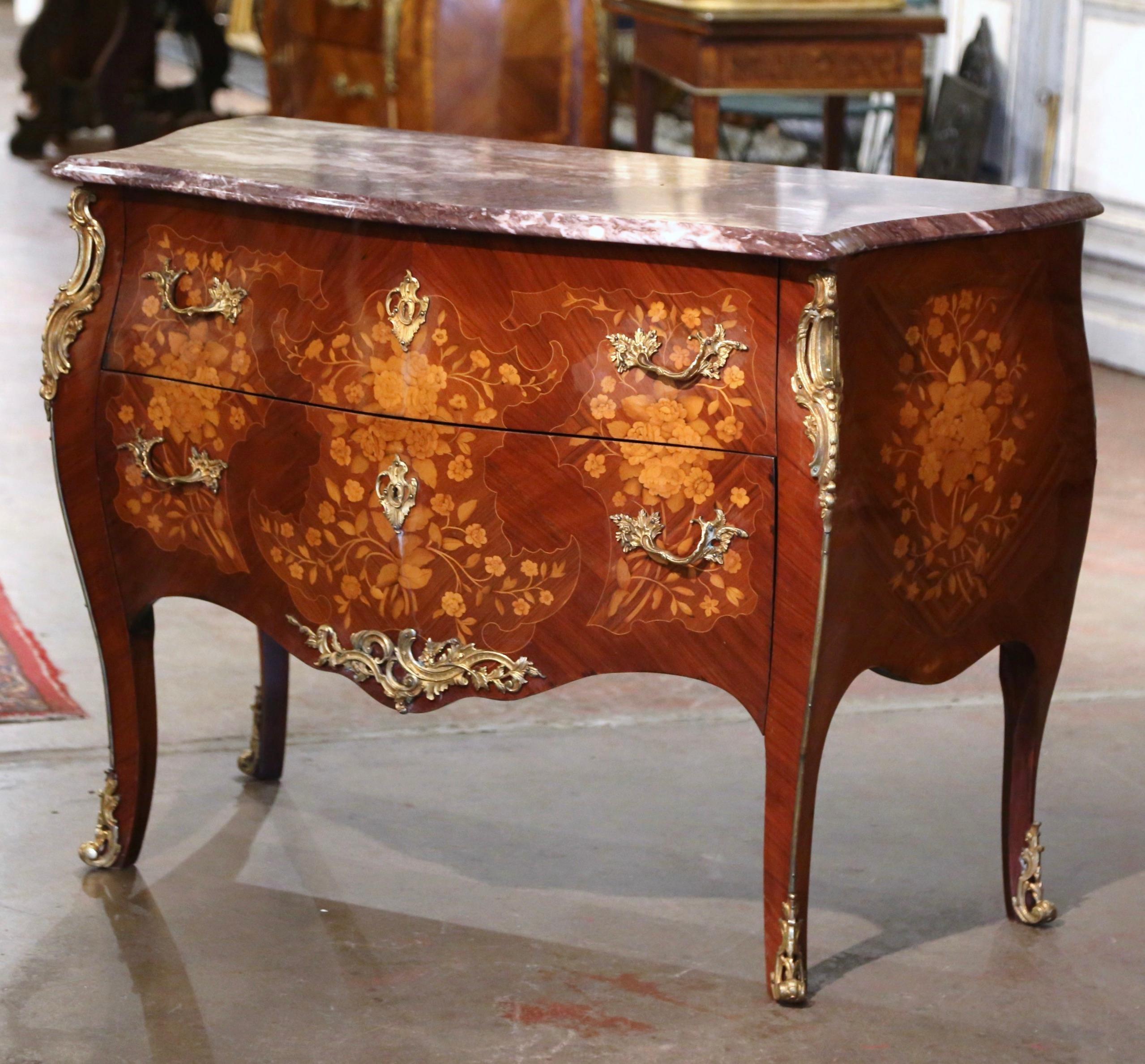 Bronze French Louis XV Marble Top Walnut Marquetry Inlaid Bombe Chest of Drawers